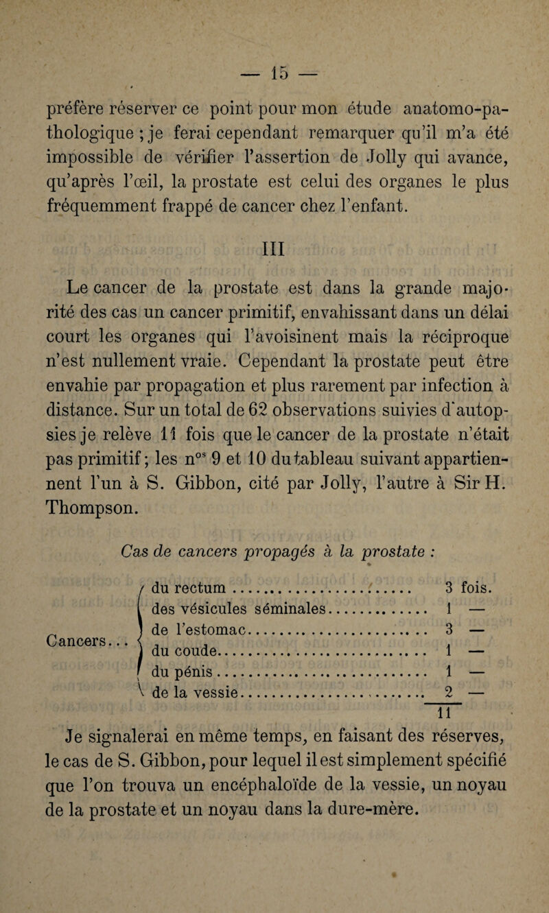 préfère réserver ce point pour mon étude anatomo-pa¬ thologique ; je ferai cependant remarquer qu’il m’a été impossible de vérifier l’assertion de Jolly qui avance, qu’après l’œil, la prostate est celui des organes le plus fréquemment frappé de cancer chez l’enfant. III Le cancer de la prostate est dans la grande majo¬ rité des cas un cancer primitif, envahissant dans un délai court les organes qui l’avoisinent mais la réciproque n’est nullement vraie. Cependant la prostate peut être envahie par propagation et plus rarement par infection à distance. Sur un total de 62 observations suivies d'autop¬ sies je relève 11 fois que le cancer de la prostate n’était pas primitif ; les nos 9 et 10 du tableau suivant appartien¬ nent l’un à S. Gibbon, cité par Jolly, l’autre à Sir H. Thompson. Cas de cancers propagés à la prostate : / « Cancers... S du rectum. des vésicules séminales de l’estomac. du coude. du pénis. V de la vessie. 3 fois. 1 — 3 — 1 — 1 — 2 — 11 Je signalerai en même temps, en faisant des réserves, le cas de S. Gibbon, pour lequel il est simplement spécifié que l’on trouva un encéphaloïde de la vessie, un noyau de la prostate et un noyau dans la dure-mère.