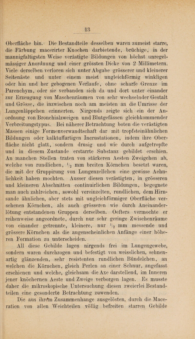 Oberfläche hin. Die Bestandteile desselben waren zumeist starre, die Färbung macerirter Knochen darbietende, brüchige, in der mannigfaltigsten Weise verästigte Bildungen von höchst unregel¬ mässiger Anordnung und einer grössten Dicke von 2 Millimetern. Viele derselben verloren sich unter Abgabe grösserer und kleinerer Seitenäste und unter einem meist ungleichförmig winkligen oder hin und her gebogenen Verlaufe, ohne scharfe Grenze im Parenchym, oder sie verbanden sich da und dort unter einander zur Erzeugung von Maschenräumen von sehr wechselnder Gestalt und Grösse , die inzwischen noch am meisten an die Umrisse der Lungenläppchen erinnerten. Nirgends zeigte sich ein der An¬ ordnung von Bronchialzweigen und Blutgefässen gleichkommender Verbreitungstypus. Bei näherer Betrachtung boten die verästigten Massen einige Formenverwandtschaft dar mit tropfsteinähnlichen Bildungen oder kalktulfartigen Incrustationen, indem ihre Ober¬ fläche nicht glatt, sondern drüsig und wie durch aufgetropfte und in diesem Zustande erstarrte Substanz gebildet erschien. An manchen Stellen traten von stärkeren Aesten Zweigehen ab, welche von rundlichen, t/2 mm breiten Körnchen besetzt waren, die mit der Gruppirung von Lungenzellchen eine gewisse Aehn- lichkeit haben mochten. Ausser diesen verästigten, in grösseren und kleineren Abschnitten continuirlichen Bildungen, begegnete man auch zahlreichen, sowohl vereinzelten, rundlichen, dem Hirn¬ sande ähnlichen, aber stets mit ungleichförmiger Oberfläche ver¬ sehenen Körnchen, als auch grösseren wie durch Aneinander¬ lötung entstandenen Gruppen derselben. Oefters vermochte er reihenw^eise angeordnete, durch nur sehr geringe Zwischenräume von einander getrennte, kleinere, nur ^2 w/im messende und grössere Körnchen als die augenscheinlichen Anfänge einer höhe¬ ren Formation zu unterscheiden. All diese Gebilde lagen nirgends frei im Lungengewebe, sondern waren durchzogen und befestigt von weisslichen, sehnen¬ artig glänzenden, sehr resistenten rundlichen Bündelchen, an welchen die Körnchen, gleich Perlen an einer Schnur, angefasst erschienen und welche, gleichsam die Axe darstellend, im Inneren jener knöchernen Aeste und Zweige verborgen lagen. Es musste daher die mikroskopische Untersuchung diesen zweierlei Bestand¬ teilen eine gesonderte Betrachtung zuwenden. Die aus ihr^ Zusammenhänge ausgelösten, durch die Mace- ration von allen Weichteilen völlig befreiten starren Gebilde
