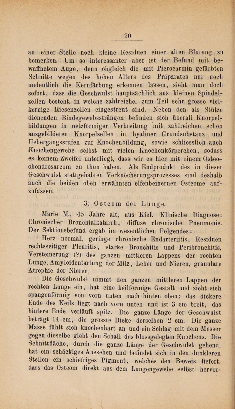 an einer Stelle noch kleine Residuen einer alten Blutnng zu bemerken. Um so interessanter aber ist der Befund mit be- walfnetem Auge, denn obgleich die mit Picrocarmin gefärbten Schnitte wegen des hohen Alters des Präparates nur noch undeutlich die Kernfärbung erkennen lassen, sieht man doch sofort, dass die Geschwulst hauptsächlich aus kleinen Spindol- zellen besteht, in welche zahlreiche, zum Teil sehr grosse viel¬ kernige Riesenzellen eingestreut sind. Neben den als Stütze dienenden Bindegewebssträngen befinden sich überall Knorpel¬ bildungen in netzförmiger Verbreitung mit zahlreichen schön ausgebildeten Knorpelzellen in hyaliner Grundsubstanz und Uebergangsstufen zur Knochenbildung, sowie schliesslich auch Knochengewebe selbst mit vielen Knochenkörperchen, sodass es keinem Zweifel unterliegt, dass wir es hier mit einem Osteo- chondrosarcom zu thun haben. Als Endprodukt des in dieser Geschwulst stattgehabten Verknöcherungsprozesses sind deshalb auch die beiden oben erwähnten elfenbeinernen Osteome auf¬ zufassen. 3j Osteom der Lunge. Marie M., 45 Jahre alt, aus Kiel. Klinische Diagnose: Chronischer Bronchialkatarrh, diffuse chronische Pneumonie. Der Sektionsbefund ergab ira wesentlichen Folgendes: Herz normal, geringe chronische Endarteriitis, Residuen rechtsseitiger Pleuritis, starke Bronchitis und Peribronchitis, Versteinerung (?) des ganzen mittleren Lappens der rechten Lunge, Amyloidentartung der Milz, Leber und Nieren, granuläre Atrophie der Nieren. Die Geschwulst nimmt den ganzen mittleren Lappen der rechten Lunge ein, hat eine keilförmige Gestalt und zieht sich spangenförmig von vorn unten nach hinten oben; das dickere Ende des Keils liegt nach vorn unten und ist 3 cm breit, das hintere Ende verläuft spitz. Die ganze Länge der Geschwulst beträgt 14 cm, die grösste Dicke derselben 2 cm. Die ganze Masse fühlt sich knochenhart an und ein Schlag mit dem Messer gegen dieselbe giebt den Schall des blossgelegten Knochens. Die Schnittfläche, durch die ganze Länge der Geschwulst gehend, hat ein schäckiges Aussehen und befindet sich in den dunkleren Stellen ein schiefriges Pigment, welches den Beweis liefert, dass das Osteom direkt aus dem Lungengewebe selbst hervor-