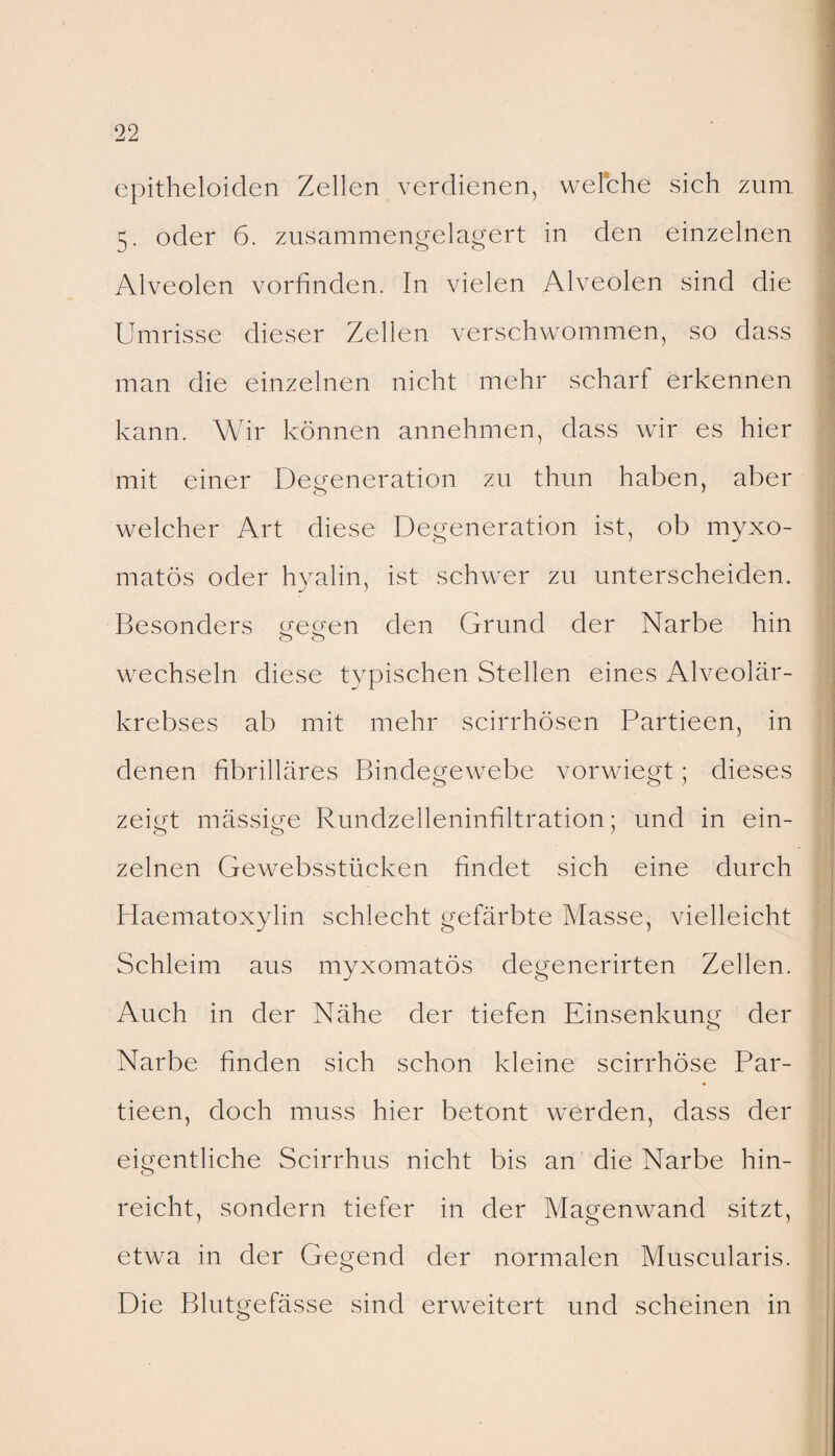 epitheloiden Zellen verdienen, welche sich zum 5. oder 6. zusammengelagert in den einzelnen Alveolen vorfinden. In vielen Alveolen sind die Umrisse dieser Zellen verschwommen, so dass man die einzelnen nicht mehr scharf erkennen kann. Wir können annehmen, dass wir es hier mit einer Degeneration zu thun haben, aber welcher Art diese Degeneration ist, ob myxo- matös oder hyalin, ist schwer zu unterscheiden. Besonders ^eo'en den Grund der Narbe hin o o wechseln diese typischen Stellen eines Alveolär¬ krebses ab mit mehr scirrhösen Partieen, in denen fibrilläres Bindegewebe vorwiegt; dieses zeigt mässige Rundzelleninfiltration; und in ein¬ zelnen Gewebsstücken findet sich eine durch Haematoxylin schlecht gefärbte Masse, vielleicht Schleim aus myxomatös degenerirten Zellen. Auch in der Nähe der tiefen Einsenkung der Narbe finden sich schon kleine scirrhöse Par¬ tieen, doch muss hier betont werden, dass der eigentliche Scirrhus nicht bis an die Narbe hin¬ reicht, sondern tiefer in der Magenwand sitzt, etwa in der Gegend der normalen Muscularis. Die Blutgefässe sind erweitert und scheinen in