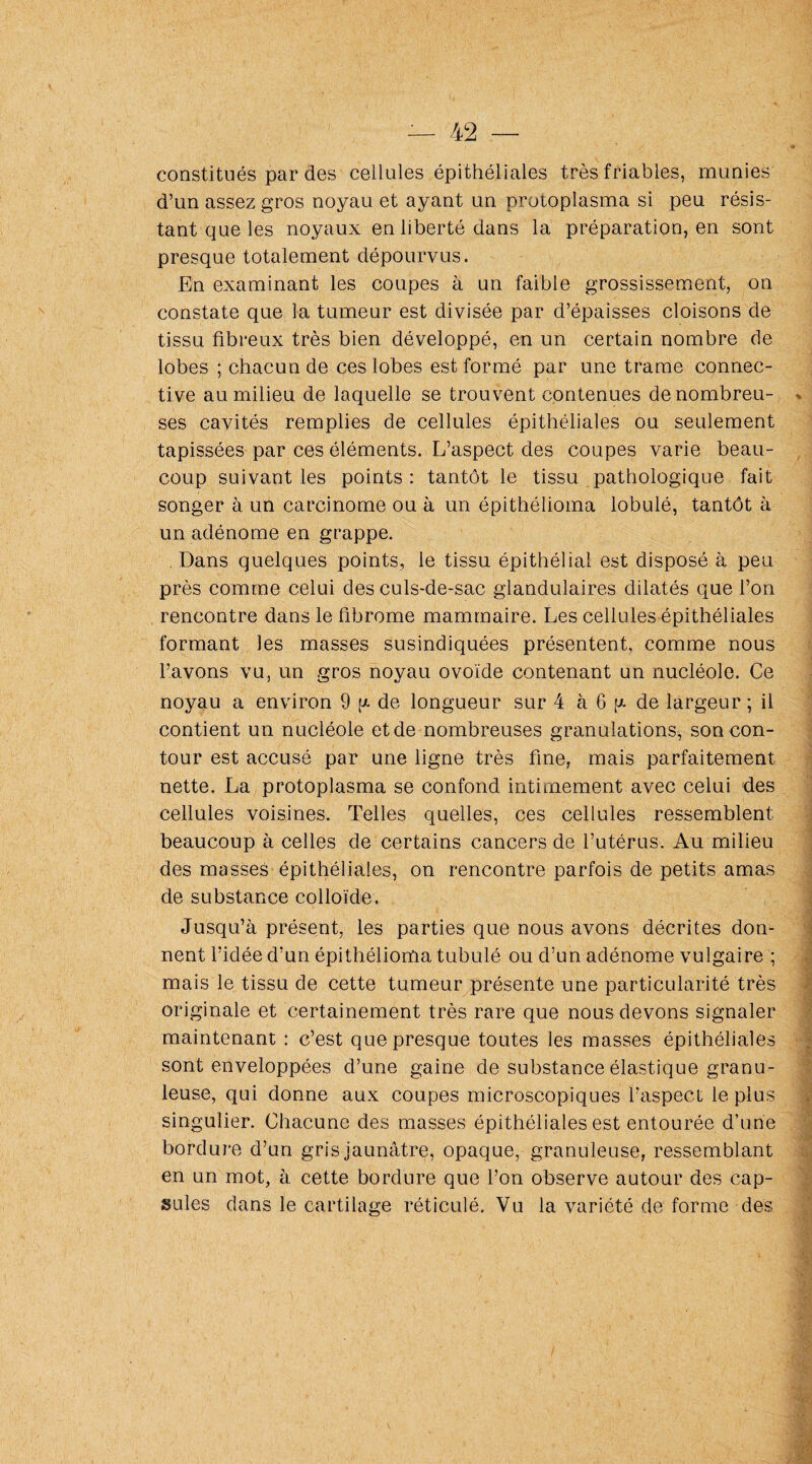 constitués par des cellules épithéliales très friables, munies d’un assez gros noyau et ayant un protoplasma si peu résis¬ tant que les noyaux en liberté dans la préparation, en sont presque totalement dépourvus. En examinant les coupes à un faible grossissement, on constate que la tumeur est divisée par d’épaisses cloisons de tissu fibreux très bien développé, en un certain nombre de lobes ; chacun de ces lobes est formé par une trame connec¬ tive au milieu de laquelle se trouvent contenues de nombreu¬ ses cavités remplies de cellules épithéliales ou seulement tapissées par ces éléments. L’aspect des coupes varie beau¬ coup suivant les points : tantôt le tissu pathologique fait songer à un carcinome ou à un épithélioma lobulé, tantôt à un adénome en grappe. . Dans quelques points, le tissu épithélial est disposé à peu près comme celui des culs-de-sac glandulaires dilatés que l’on rencontre dans le fibrome mammaire. Les cellules épithéliales formant les masses susindiquées présentent, comme nous l’avons vu, un gros noyau ovoïde contenant un nucléole. Ce noyau a environ 9 [x de longueur sur 4 à 6 [J- de largeur ; il contient un nucléole et de nombreuses granulations, son con¬ tour est accusé par une ligne très fine, mais parfaitement nette. La protoplasma se confond intimement avec celui des cellules voisines. Telles quelles, ces cellules ressemblent beaucoup à celles de certains cancers de l’utérus. Au milieu des masses épithéliales, on rencontre parfois de petits amas de substance colloïde. Jusqu’à présent, les parties que nous avons décrites don¬ nent l’idée d’un épithélioma tubulé ou d’un adénome vulgaire ; mais le tissu de cette tumeur présente une particularité très originale et certainement très rare que nous devons signaler maintenant : c’est que presque toutes les masses épithéliales sont enveloppées d’une gaine de substance élastique granu¬ leuse, qui donne aux coupes microscopiques l’aspect le plus singulier. Chacune des masses épithéliales est entourée d’une bordure d’un gris jaunâtre, opaque, granuleuse, ressemblant en un mot, à cette bordure que l’on observe autour des cap¬ sules dans le cartilage réticulé. Vu la variété de forme des