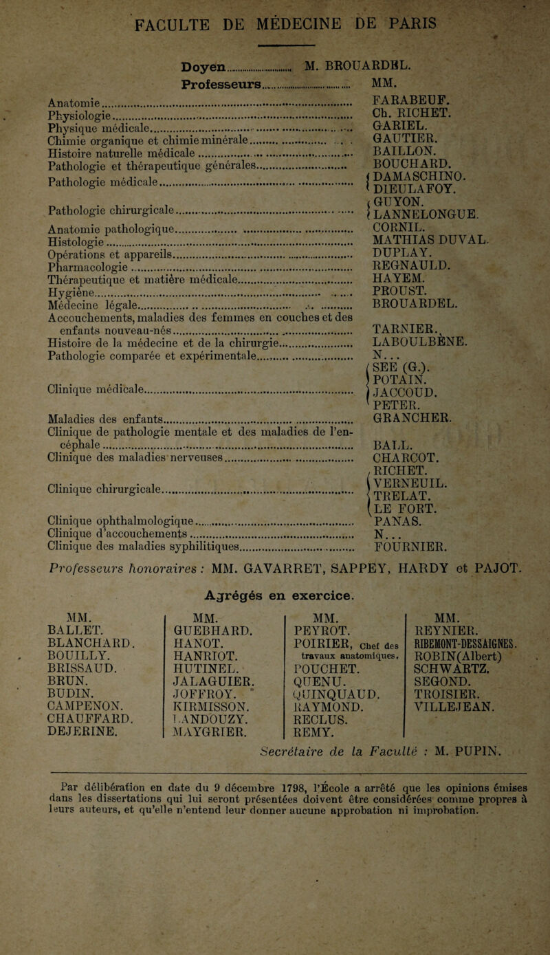 0 Doyen. Professeurs... Anatomie. Physiologie. Physique médicale.. Chimie organique et chimie minérale. Histoire naturelle médicale... Pathologie et thérapeutique générales. Pathologie médicale. M. BROUARDBL. . MM. . FARABEUF. . Ch. RICHET. .. GARIEL. . GAUTIER. . BAILLON. . BOUCHARD. i DAMASCHINO. . < D1EULAFOY. Pathologie chirurgicale... Anatomie pathologique. Histologie. Opérations et appareils. Pharmacologie. Thérapeutique et matière médicale... Hygiène. ........ Médecine légale.•.. Accouchements, maladies des femmes en couches et des enfants nouveau-nés.... Histoire de la médecine et de la chirurgie. Pathologie comparée et expérimentale....,. Clinique médicale. Maladies des enfants.. Clinique de pathologie mentale et des maladies de l’en¬ céphale . Clinique des maladies nerveuses... Clinique chirurgicale Clinique ophthalmologique. Clinique d’accouchements. Clinique des maladies syphilitiques i GUYON. \ LANNELONGUE. CORNIL. MATHIAS DUVAL. DUPLAY. REGNAULD. HAYEM. PROUST. BROUARDEL. TARNIER. LABOULBENE. N... /SEE (G.). J POTAIN. JACCOUD. 1 PETER. GRANCHER. BALL. CHARCOT. RICHET. VERNEUIL. TRELAT. LE FORT. PANAS. N... FOURNIER. Professeurs honoraires : MM. GAYARRET, SAPPEY, HARDY et PAJOT. Agrégés en exercice. MM. MM. MM. BALLET. GUEBIiARD. PEYROT. BLANCHARD. HANOT. POIRIER, Chef des BOUILLY. HANRIOT. travaux anatomiques. BRISSAUD. HUTINEL. POUCHET. BRUN. JALAGUIER. QIJENU. BUDIN. JOFFROY. QUINQUAUD. CAMPENON. KIRMISSON. RAYMOND. CHAUFFARD. LANDOUZY. RECLUS. DEJERINE. MAYGRIER. REMY. MM. REYNIER. RIBEMONT-DESSAIGNES. ROBIN(Albert) SCHWARTZ. SEGOND. TROISIER. VILLE JE AN. Secrétaire de la Faculté : M. PUPIN. Par délibération en date du 9 décembre 1798, l’École a arrêté que les opinions émises dans les dissertations qui lui seront présentées doivent être considérées comme propres à leurs auteurs, et qu’elle n’entend leur donner aucune approbation ni improbation.