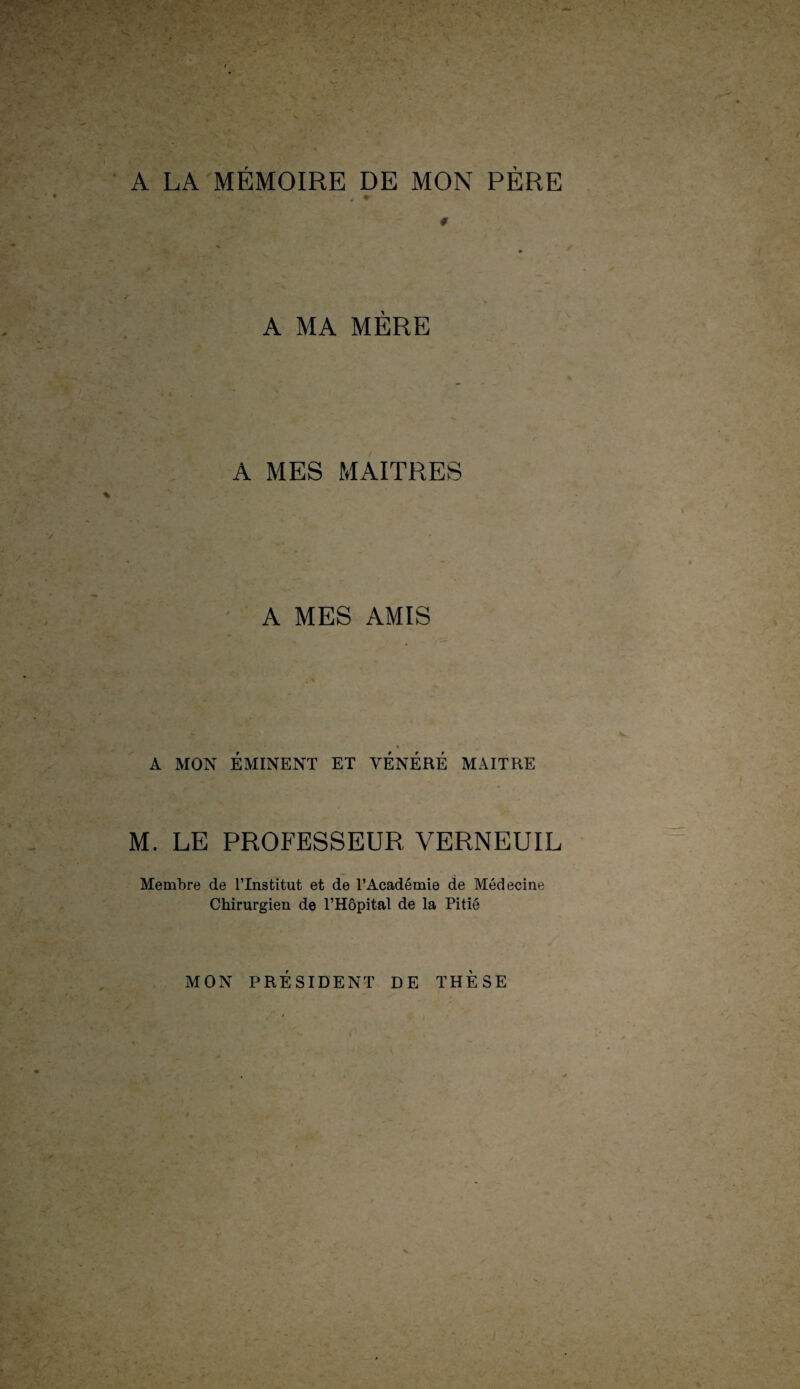 A LA MÉMOIRE DE MON PÈRE * A MA MÈRE A MES MAITRES A MES AMIS A MON EMINENT ET VENERE MAITRE M. LE PROFESSEUR VERNEUIL Membre de l’Institut et de l’Académie de Médecine Chirurgien de l’Hôpital de la Pitié t y MON PRESIDENT DE THESE