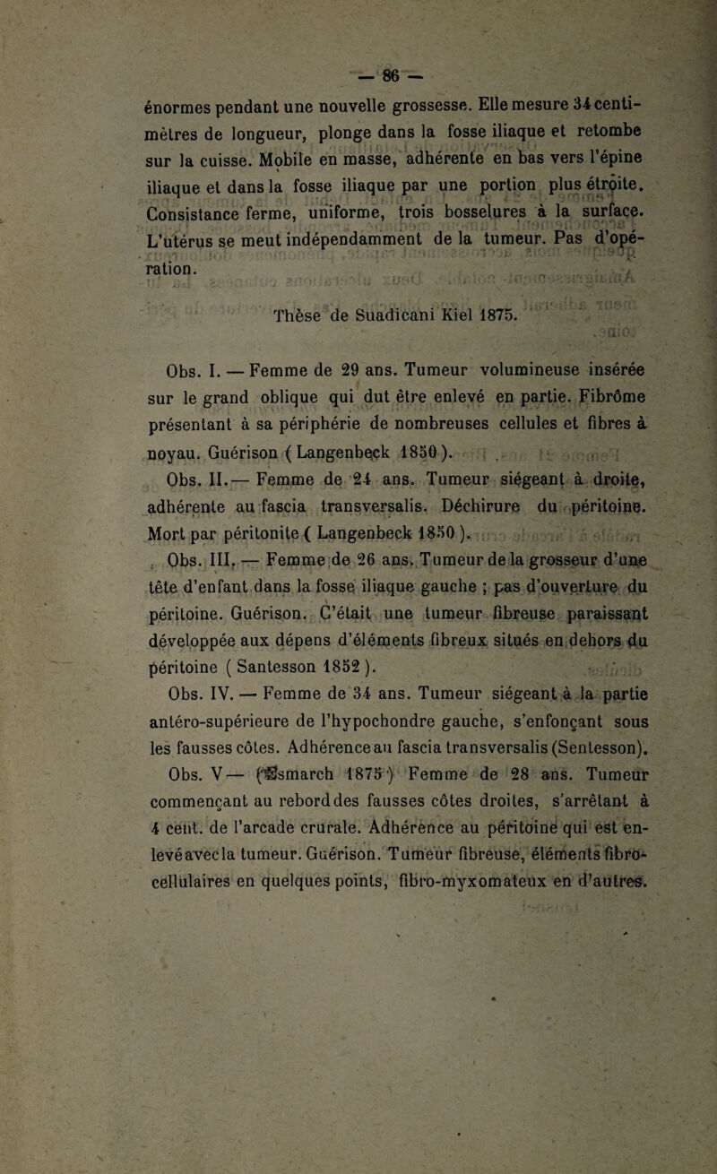 énormes pendant une nouvelle grossesse. Elle mesure 34 centi¬ mètres de longueur, plonge dans la fosse iliaque et retombe sur la cuisse. Mobile en masse, adhérente en bas vers l’épine * iliaque et dans la fosse iliaque par une portion plus étroite. Consistance ferme, uniforme, trois bosselures à la surface. L’utérus se meut indépendamment de la tumeur. Pas d’opé- ration. ' ,, Thèse de Suadicani Kiel 1875. « ' <4•; Obs. I. — Femme de 29 ans. Tumeur volumineuse insérée sur le grand oblique qui dut être enlevé en partie. Fibrome présentant à sa périphérie de nombreuses cellules et fibres à noyau. Guérison ( Langenbe,çk 1850). Obs. II.— Femme de 24 ans. Tumeur siégeant à droite, adhérente au fascia transversalis. Déchirure du péritoine. Mort par péritonite ( Langenbeçk 1850 ). . Obs. III, — Femme de 26 ans. Tumeur de la grosseur d’une tête d’enfant dans la fosse iliaque gauche ; pas d’ouverture du péritoine. Guérison. C’était une tumeur fibreuse paraissant développée aux dépens d’éléments fibreux situés en dehors du péritoine ( Santesson 1852 ). Obs. IV. — Femme de 34 ans. Tumeur siégeant à la partie antéro-supérieure de l’hypochondre gauche, s’enfonçant sous les fausses côtes. Adhérence au fascia transversalis (Sentesson). Obs. V— O&smarch 1875 ) Femme de 28 ans. Tumeur commençant au rebord des fausses côtes droites, s’arrêtant à 4 cent, de l’arcade crurale. Adhérence au péritoine qui est en- levéavecla tumeur. Guérison. Tumeur fibreuse, éléments fibro^ cellulaires en quelques points, fibro-myxomateux en d’autres.