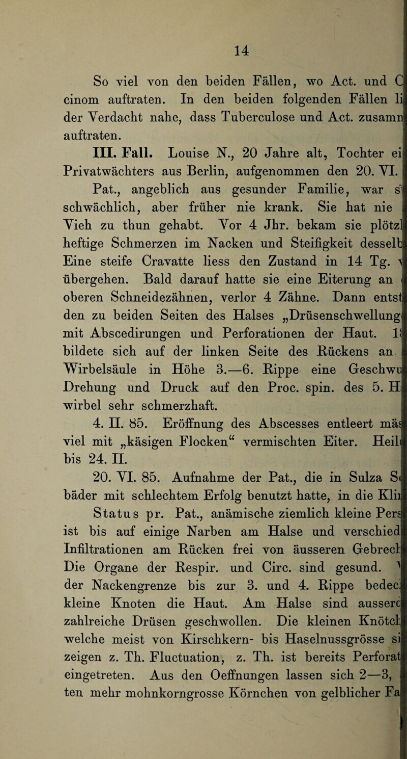 So viel yon den beiden Fällen, wo Act. und C cinom auftraten. In den beiden folgenden Fällen li der Verdacht nahe, dass Tuberculose und Act. zusamn auftraten. III. Fall. Louise N., 20 Jahre alt, Tochter ei Privatwächters aus Berlin, aufgenommen den 20. VI. Pat., angeblich aus gesunder Familie, war si schwächlich, aber früher nie krank. Sie hat nie Vieh zu thun gehabt. Vor 4 Jhr. bekam sie plötz] heftige Schmerzen im Nacken und Steifigkeit desselti Eine steife Cravatte liess den Zustand in 14 Tg. ^ übergehen. Bald darauf hatte sie eine Eiterung an < oberen Schneidezähnen, verlor 4 Zähne. Dann entst den zu beiden Seiten des Halses „Drüsenschwellungj mit Abscedirungen und Perforationen der Haut. 1< bildete sich auf der linken Seite des Rückens an Wirbelsäule in Höhe 3.—6. Rippe eine Geschwu Drehung und Druck auf den Proc. spin. des 5. H wirbel sehr schmerzhaft. 4. II. 85. Eröffnung des Abscesses entleert mäs viel mit „käsigen Flocken“ vermischten Eiter. Heili bis 24. II. 20. VI. 85. Aufnahme der Pat., die in Sulza Sd bäder mit schlechtem Erfolg benutzt hatte, in die Klii Status pr. Pat., anämische ziemlich kleine Pers ist bis auf einige Narben am Halse und verschied Infiltrationen am Rücken frei von äusseren Gebrecl Die Organe der Respir. und Circ. sind gesund. 1 der Nackengrenze bis zur 3. und 4. Rippe bedec. kleine Knoten die Haut. Am Halse sind äussere zahlreiche Drüsen geschwollen. Die kleinen Knötcl welche meist von Kirschkern- bis Haselnussgrösse si zeigen z. Th. Fluctuation, z. Th. ist bereits Perforat eingetreten. Aus den Oeffnungen lassen sich 2—3, ten mehr mohnkorngrosse Körnchen von gelblicher Fa