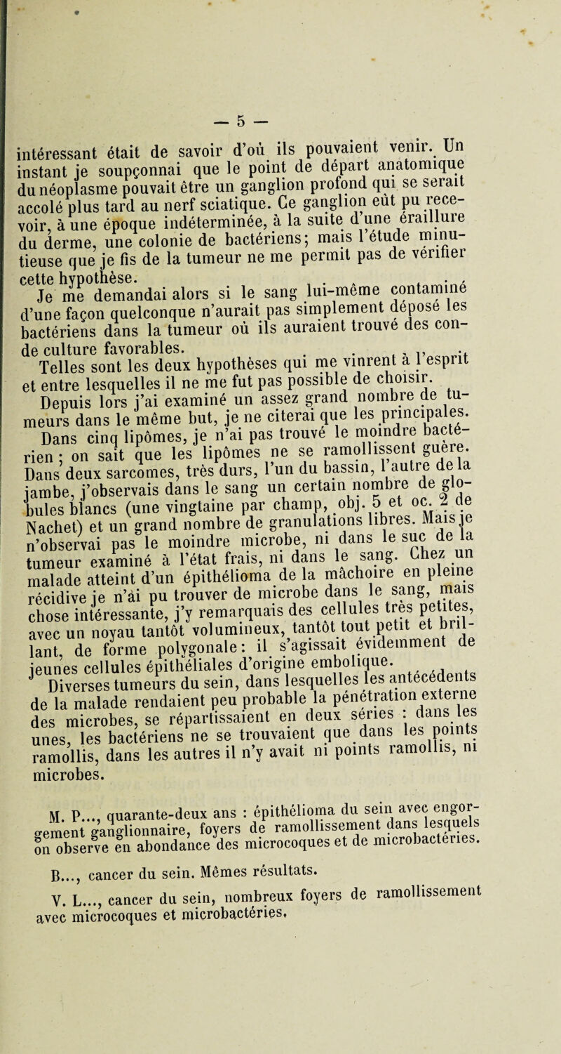 intéressant était de savoir d’où ils pouvaient venir. Un instant je soupçonnai que le point de départ anatomique du néoplasme pouvait être un ganglion profond qui se seiait accolé plus tard au nerf sciatique. Ce ganglion eut pu rece¬ voir, à une époque indéterminée, à la suite d une eraillure du derme, une colonie de bactériens; mais 1 étude tieuse que je fis de la tumeur ne me permit pas de veriiier cette hypothèse. , . , • , Je me demandai alors si le sang lui-meme contami d’une façon quelconque n’aurait pas simplement déposé les bactériens dans la tumeur où ils auraient trouve des con- de culture favorables. . . . , ,, .. Telles sont les deux hypothèses qui me vinrent a 1 espnt et entre lesquelles il ne me fut pas possible de choisir. Depuis lors j’ai examiné un assez grand nombre de tu- meurs dans le même but, je ne citerai que les principales. Dans cinq lipomes, je n’ai pas trouvé le moindre bacté¬ rien ; on sait que les lipomes ne se ramollissent guere. Dans deux sarcomes, très durs, 1 un du bassin, 1 autre de là jambe, j’observais dans le sang un certain nombre de glo¬ bules biancs (une vingtaine par champ, obj. 5 et oc. 2 de Nachet) et un grand nombre de granulations libies. Mais je n’observai pas le moindre microbe, ni dans le suc de la tumeur examiné à l’état frais, ni dans le sang. Chez un malade atteint d’un épithélioma de la mâchoire en pleine récidive je n’ài pu trouver de microbe dans le sang, mais chose intéressante, j’y remarquais des çellu es très petites avec un noyau tantôt volumineux, tantôt tout petit et hn îànt, de forme polvgonale : il s’agissait évidemment de jeunes cellules épithéliales d’origine embolique. J Diverses tumeurs du sein, dans lesquelles les antécédents de la malade rendaient peu probable la pénétration externe des microbes, se répartissaient en deux sériés . dans le unes, les bactériens ne se trouvaient que dans les P.oin‘? ramollis, dans les autres il n’y avait ni points ramollis, ni microbes. M P... quarante-deux ans : épithélioma du sein avec engor- o-ement ganglionnaire, foyers de ramollissement dans lesquels Sn observe en abondance des microcoques et de microbactenes. B..., cancer du sein. Mêmes résultats. V. L..., cancer du sein, nombreux foyers de ramollissement avec microcoques et microbactéries»