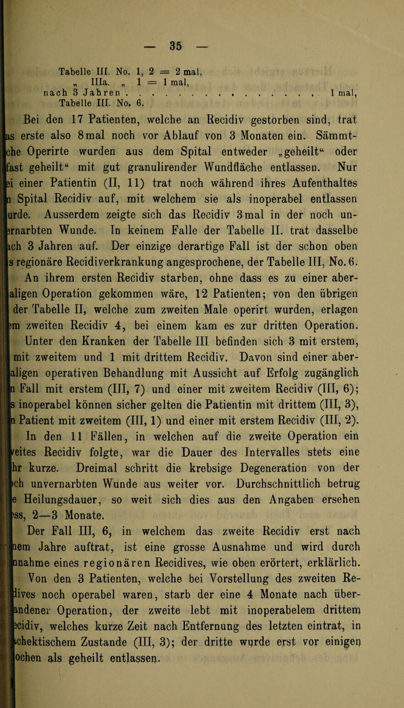 Tabelle III. No. 1, 2 = 2 mal, „ lila. „ 1 = 1 mal, nach 3 Jahren. 1 mal, Tabelle III. No. 6. Bei den 17 Patienten, welche an Recidiv gestorben sind, trat ls erste also 8 mal noch vor Ablauf von 3 Monaten ein. Sämmt- ;he Operirte wurden aus dem Spital entweder „geheilt“ oder äst geheilt“ mit gut granulirender Wundfläche entlassen. Nur )i einer Patientin (II, 11) trat noch während ihres Aufenthaltes i Spital Recidiv auf, mit welchem sie als inoperabel entlassen urde. Ausserdem zeigte sich das Recidiv 3 mal in der noch un- irnarbten Wunde. In keinem Falle der Tabelle II. trat dasselbe ich 3 Jahren auf. Der einzige derartige Fall ist der schon oben s regionäre Recidiverkrankung angesprochene, der Tabelle III, No. 6. An ihrem ersten Recidiv starben, ohne dass es zu einer aber- jaligen Operation gekommen wäre, 12 Patienten; von den übrigen j der Tabelle II, welche zum zweiten Male operirt wurden, erlagen pm zweiten Recidiv 4, bei einem kam es zur dritten Operation. Unter den Kranken der Tabelle III befinden sich 3 mit erstem, mit zweitem und 1 mit drittem Recidiv. Davon sind einer aber- laligen operativen Behandlung mit Aussicht auf Erfolg zugänglich Fall mit erstem (III, 7) und einer mit zweitem Recidiv (III, 6); b inoperabel können sicher gelten die Patientin mit drittem (III, 3), p Patient mit zweitem (III, 1) und einer mit erstem Recidiv (III, 2). In den 11 Fällen, in welchen auf die zweite Operation ein beites Recidiv folgte, war die Dauer des Intervalles stets eine ihr kurze. Dreimal schritt die krebsige Degeneration von der Ich unvernarbten Wunde aus weiter vor. Durchschnittlich betrug Je Heilungsdauer, so weit sich dies aus den Angaben ersehen Iss, 2—3 Monate. Der Fall III, 6, in welchem das zweite Recidiv erst nach Jaem Jahre auftrat, ist eine grosse Ausnahme und wird durch »nähme eines regionären Recidives, wie oben erörtert, erklärlich. Von den 3 Patienten, welche bei Vorstellung des zweiten Re- jiives noch operabel waren, starb der eine 4 Monate nach über- Jandener Operation, der zweite lebt mit inoperabelem drittem jkcidiv, welches kurze Zeit nach Entfernung des letzten eintrat, in Ichektischera Zustande (III, 3); der dritte wijrde erst vor einiger) Jochen als geheilt entlasset!.