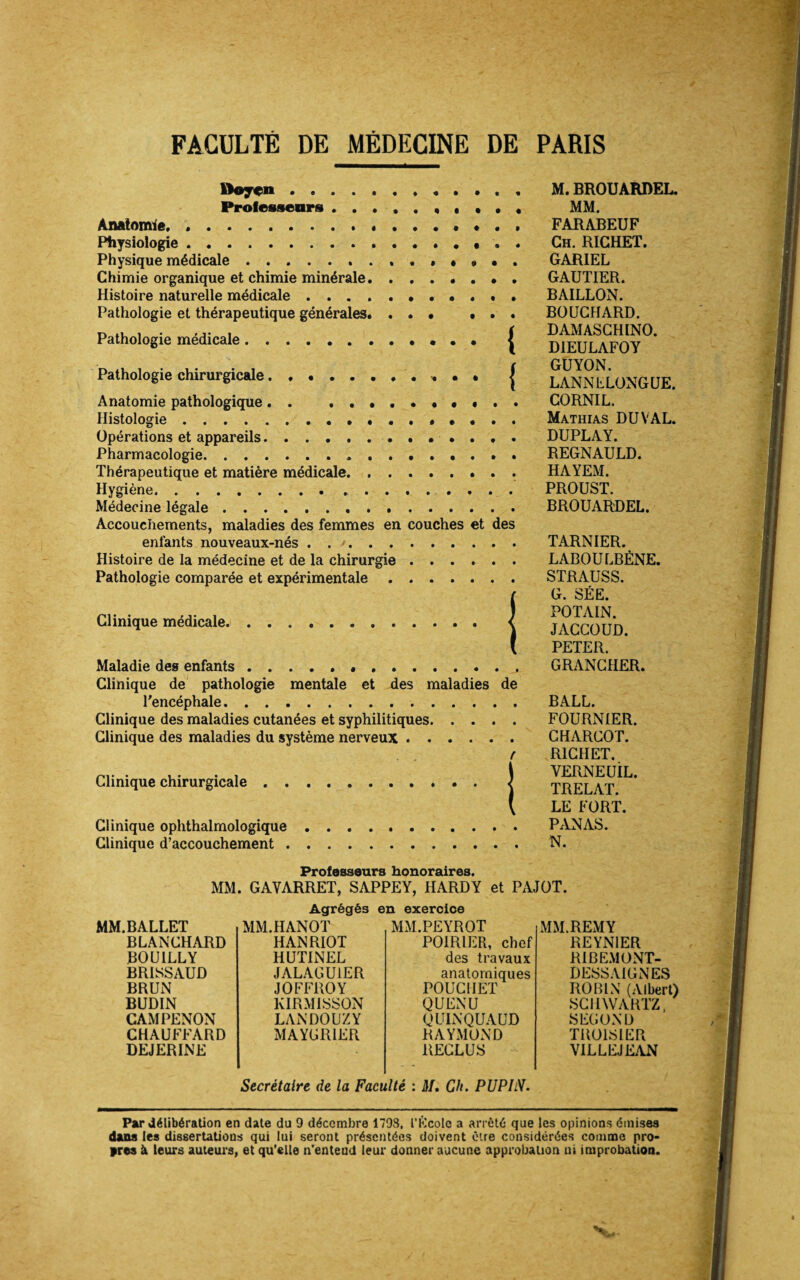 ïloycn.«... Professeurs Anatomie, ... • . Physiologie.. . Physique médicale.. Chimie organique et chimie minérale.. Histoire naturelle médicale.. • • . « Pathologie et thérapeutique générales. Pathologie médicale. | Pathologie chirurgicale j Anatomie pathologique.. Histologie.. Opérations et appareils.»... Pharmacologie.*.. Thérapeutique et matière médicale.. Hygiène.. Médecine légale... Accouchements, maladies des femmes en couches et des enfants nouveaux-nés . . *. Histoire de la médecine et de la chirurgie. Pathologie comparée et expérimentale. Clinique médicale. Maladie des enfants .. Clinique de pathologie mentale et des maladies de l’encéphale.. Clinique des maladies cutanées et syphilitiques. Clinique des maladies du système nerveux. Clinique chirurgicale Clinique ophthalmologique Clinique d’accouchement . r ! M. BROUÀRDEL. MM. FARABEUF Ch. RICHET. GARIEL GAUTIER. BAILLON. BOUCHARD. DAMASCHINO. DIEULAFOY GUYON. LANNLLONGUE. CORNIL. Mathias DU VAL. DUPLAY. REGNAULD. HAYEM. PROUST. BROUARDEL. TARNIER. LABOULBÈNE. STRAUSS. G. SÉE. POTAIN. JACCOUD. PETER. GRANCHER. BALL. FOURNIER. CHARCOT. RICHET. VERNE UÎL. TRELAT. LE FORT. PANAS. N. Professeurs honoraires. MM. GAVARRET, SAPPEY, HARDY et PAJOT. Agrégés en exercice MM. BALLET BLANCHARD BOUILLY BRISSAUD BRUN BUDIN CAMPENON CHAUFFARD DEJERINE MM.HANOT HANRIOT HUTINEL JALAGU1ER JOFFROY KIRMISSON LANDOUZY MAYGR1ER MM.PEYROT POIRIER, chef des travaux anatomiques POUC1IET QUENU QULNQUAUD RAYMOND RECLUS MM. REMY REYNIER R1BE.MONT- DESSAIGNES ROBIN (Albert) SCHWARTZ, SECOND THOISIER VILLEJEAN Secrétaire de la Faculté : M. Ch. PUPIN. Par délibération en date du 9 décembre 1798, l’Ecole a arrêté que les opinions émises dans les dissertations qui lui seront présentées doivent être considérées comme pro¬ pres à leurs auteurs, et qu'elle n’entend leur donner aucune approbation ni improbation.