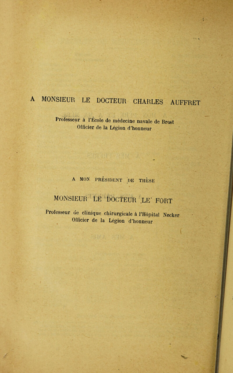 A MONSIEUR LE DOCTEUR CHARLES AUFFRET Professeur à l’Ecole de médecine navale de Brest Officier de la Légion d’honneur A MON PRÉSIDENT DE THESE • 1 ‘ ' ^ •/ MONSIEUR LE DOCTEUR LE‘ FORT Professeur de clinique chirurgicale à l’Hôpital Necker Officier de la Légion d’honneur
