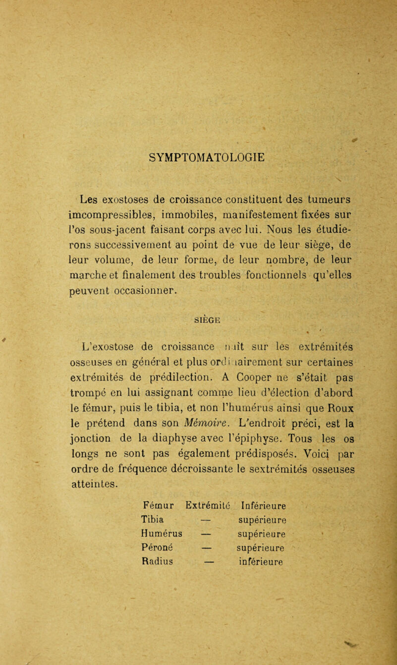 SYMPTOMATOLOGIE Les exostoses de croissance constituent des tumeurs imcompressibles, immobiles, manifestement fixées sur l’os sous-jacent faisant corps avec lui. Nous les étudie¬ rons successivement au point de vue de leur siège, de leur volume, de leur forme, de leur nombre, de leur marche et finalement des troubles fonctionnels qu’elles peuvent occasionner. SIEGE L’exostose de croissance naît sur les extrémités osseuses en général et plus ordi nairement sur certaines extrémités de prédilection. A Cooper ne s’était pas trompé en lui assignant comme lieu d’élection d’abord le fémur, puis le tibia, et non l’humérus ainsi que Roux le prétend dans son Mémoire. L'endroit préci, est la jonction de la diaphyse avec l’épiphyse. Tous les os longs ne sont pas également prédisposés. Voici par ordre de fréquence décroissante le sextrémités osseuses atteintes. Fémur Extrémité Inférieure Tibia Humérus Péroné Radius supérieure supérieure supérieure inférieure