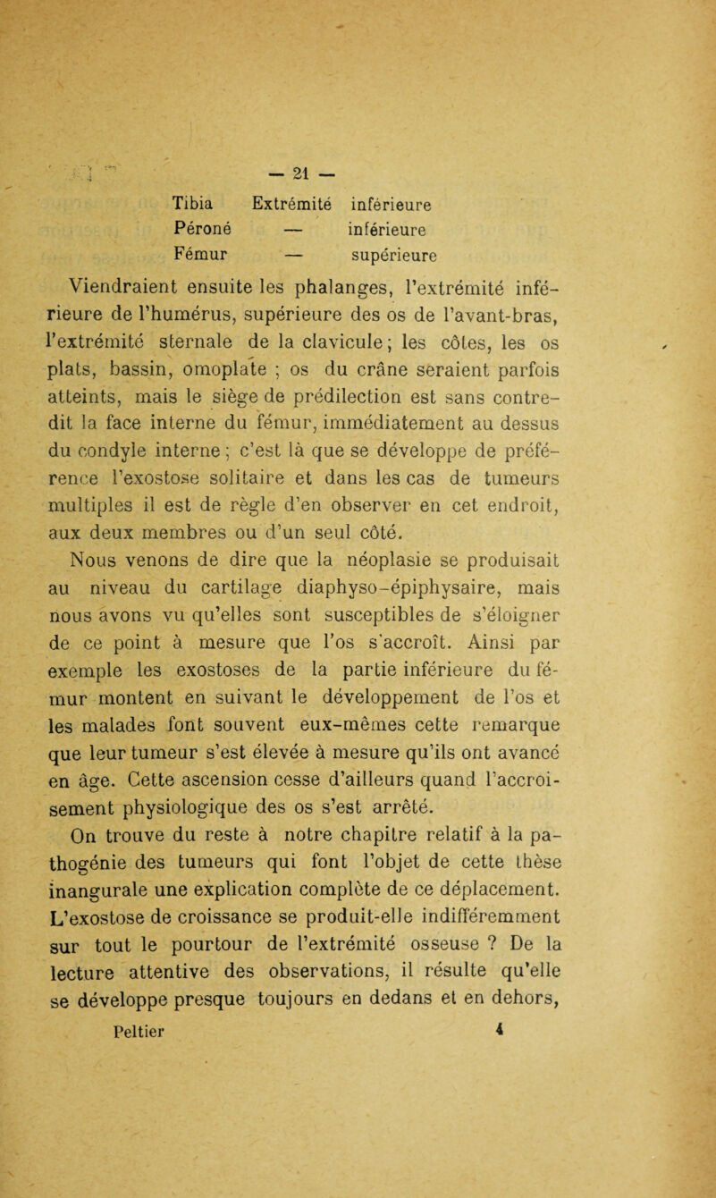 Tibia Extrémité inférieure Péroné — inférieure Fémur — supérieure Viendraient ensuite les phalanges, l’extrémité infé¬ rieure de l’humérus, supérieure des os de l’avant-bras, l’extrémité sternale de la clavicule; les côtes, les os plats, bassin, omoplate ; os du crâne seraient parfois atteints, mais le siège de prédilection est sans contre¬ dit la face interne du fémur, immédiatement au dessus du condyle interne ; c’est là que se développe de préfé¬ rence l’exostose solitaire et dans les cas de tumeurs multiples il est de règle d’en observer en cet endroit, aux deux membres ou d’un seul côté. Nous venons de dire que la néoplasie se produisait au niveau du cartilage diaphyso-épiphysaire, mais nous avons vu qu’elles sont susceptibles de s’éloigner de ce point à mesure que l’os s'accroît. Ainsi par exemple les exostoses de la partie inférieure du fé¬ mur montent en suivant le développement de l’os et les malades font souvent eux-mêmes cette remarque que leur tumeur s’est élevée à mesure qu’ils ont avancé en âge. Cette ascension cesse d’ailleurs quand l’accroi- sement physiologique des os s’est arrêté. On trouve du reste à notre chapitre relatif à la pa¬ thogénie des tumeurs qui font l’objet de cette thèse inangurale une explication complète de ce déplacement. L’exostose de croissance se produit-elle indifféremment sur tout le pourtour de l’extrémité osseuse ? De la lecture attentive des observations, il résulte qu’elle se développe presque toujours en dedans et en dehors, Peltier 4