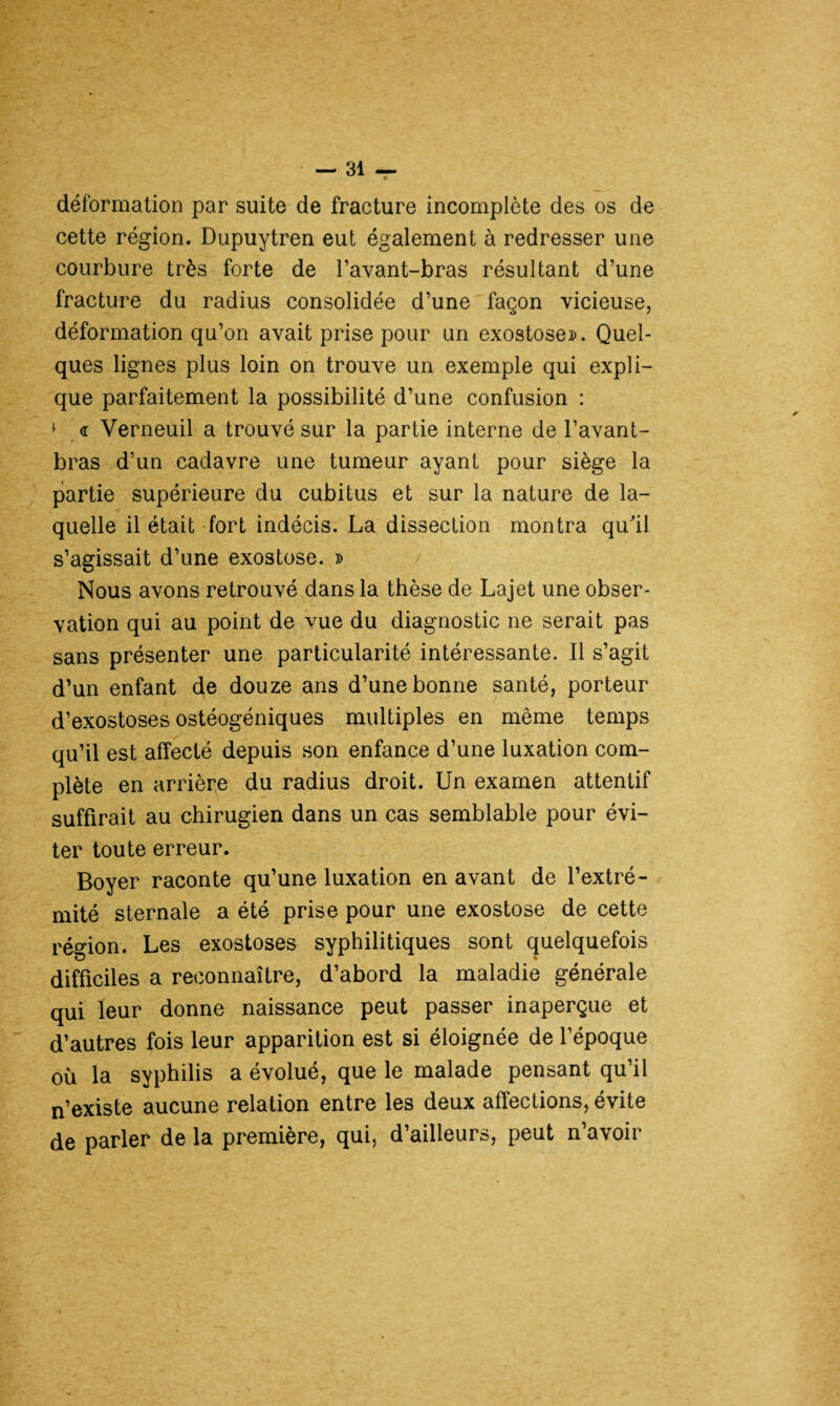 déformation par suite de fracture incomplète des os de cette région. Dupuytren eut également à redresser une courbure très forte de l’avant-bras résultant d’une fracture du radius consolidée d’une façon vicieuse, déformation qu’on avait prise pour un exostose». Quel¬ ques lignes plus loin on trouve un exemple qui expli¬ que parfaitement la possibilité d’une confusion : * <r Yerneuil a trouvé sur la partie interne de l’avant- bras d’un cadavre une tumeur ayant pour siège la partie supérieure du cubitus et sur la nature de la¬ quelle il était fort indécis. La dissection montra qu'il s’agissait d’une exostose. » Nous avons retrouvé dans la thèse de Lajet une obser¬ vation qui au point de vue du diagnostic ne serait pas sans présenter une particularité intéressante. Il s’agit d’un enfant de douze ans d’une bonne santé, porteur d’exostoses ostéogéniques multiples en même temps qu’il est affecté depuis son enfance d’une luxation com¬ plète en arrière du radius droit. Un examen attentif suffirait au chirugien dans un cas semblable pour évi¬ ter toute erreur. Boyer raconte qu’une luxation en avant de l’extré¬ mité sternale a été prise pour une exostose de cette région. Les exostoses syphilitiques sont quelquefois difficiles a reconnaître, d’abord la maladie générale qui leur donne naissance peut passer inaperçue et d’autres fois leur apparition est si éloignée de l’époque où la syphilis a évolué, que le malade pensant qu’il n’existe aucune relation entre les deux affections, évite de parler de la première, qui, d’ailleurs, peut n’avoir