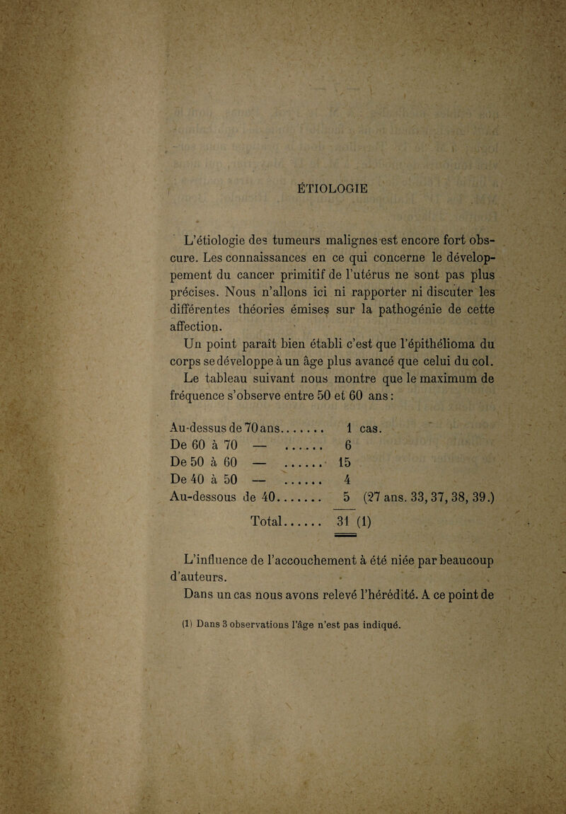 ÉTIOLOGIE f L’étiologie des tumeurs malignes est encore fort obs¬ cure. Les connaissances en ce qui concerne le dévelop¬ pement du cancer primitif de l’utérus ne sont pas plus précises. Nous n’allons ici ni rapporter ni discuter les différentes théories émises sur la pathogénie de cette affection. Un point paraît bien établi c’est que lepithélioma du corps se développe à un âge plus avancé que celui du col. Le tableau suivant nous montre que le maximum de fréquence s’observe entre 50 et 60 ans : Au-dessus de 70ans. 1 cas. De 60 à 70 — . 6 De 50 à 60 — .• 15 De 40 à 50 — . 4 Au-dessous de 40....... 5 (27 ans. 33,37, 38, 39.) Total. 31 (1) L’influence de l’accouchement à été niée par beaucoup d’auteurs. Dans un cas nous avons relevé l’hérédité. A ce point de