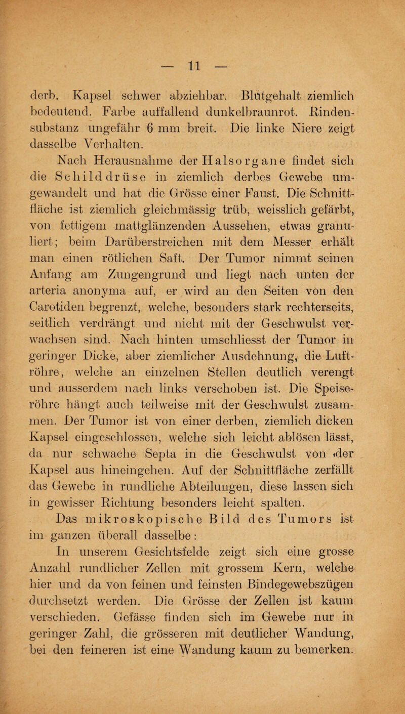 derb. Kapsel schwer abziehbar. Blntgehalt ziemlich bedeutend. Farbe auffallend dunkelbraunrot. Rinden¬ substanz ungefähr 6 mm breit. Die linke Niere zeigt dasselbe Verhalten. Nach Herausnahme der Haisorg ane findet sich die Schilddrüse in ziemlich derbes Gewebe um¬ gewandelt und hat die Grösse einer Faust. Die Schnitt¬ fläche ist ziemlich gleichmässig trüb, weisslich gefärbt, von fettigem mattglänzenden Aussehen, etwas granu¬ liert; beim Darüberstreichen mit dem Messer erhält man einen rötlichen Saft. Der Tumor nimmt seinen Anfang am Zungengrund und liegt nach unten der arteria anonyma auf, er wird an den Seiten von den Carotiden begrenzt, welche, besonders stark rechterseits, seitlich verdrängt und nicht mit der Geschwulst ver¬ wachsen sind. Nach hinten umschliesst der Tumor in geringer Dicke, aber ziemlicher Ausdehnung, die Luft¬ röhre, welche an einzelnen Stellen deutlich verengt und ausserdem nach links verschoben ist. Die Speise¬ röhre hängt auch teilweise mit der Geschwulst zusam¬ men. Der Tumor ist von einer derben, ziemlich dicken Kapsel eingeschlossen, welche sich leicht ablösen lässt, da nur schwache Septa in die Geschwulst von ider Kapsel aus hineingehen. Auf der Schnittfläche zerfällt das Gewebe in rundliche Abteilungen, diese lassen sich in gewisser Richtung besonders leicht spalten. Das mikroskopische Bild des Tumors ist im ganzen überall dasselbe : In unserem Gesichtsfelde zeigt sich eine grosse Anzahl rundlicher Zellen mit grossem Kern, welche hier und da von feinen und feinsten Bindegewebszügen durchsetzt werden. Die Grösse der Zellen ist kaum verschieden. Gefässe finden sich im Gewebe nur in geringer Zahl, die grösseren mit deutlicher Wandung, bei den feineren ist eine Wandung kaum zu bemerken.