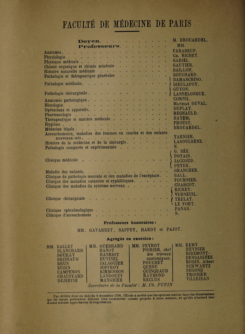 Doyen.. Professeurs. Anatomie. Physiologie. Physique médicale. Chimie organique et chimie minérale. Histoire naturelle médicale. Pathologie et thérapeutique générales. Pathologie médicale. Pathologie chirurgicale. Anatomie pathologique. Histologie. Opérations et appareils. Pharmacologie. Thérapeutique et matière médicale. Hygiène. Médecine légale. Accouchements, maladies des femmes en couche et des enfants nouveaux-nés. Histoire de la médecine et de la chirurgie Pathologie comparée et expérimentale. Clinique médicale . Maladie des enfants.. • • Clinique de pathologie mentale et des maladies de l’encéphale. Clinique des maladies cutanées et syphilitiques. Clinique des maladies du système nerveux. Clinique chirurgicale . . Clinique ophtalmologique . Clinique d’accouchement . M. BROUARDEL. MM. FARABEUF. Ch. RICHET. GARIEL. GAUTIER. BAILLON, BOUCHARD. J DAMASCHINO. ) D1EULAFOY. GUYON. / LANNELONGUE. CORNIL. Mathias DUYAL. DUPLAY. REGNAULD. HAYEM. PROUST. BROUARDEL. TARNIER. LABOULBÈNE. N. ( G. SÉE. \ POTA1N. ) JACCOUD. ( PETER. GRANCHER. BALL. FOURNIER. CHARCOT. ( RICHET. ) VERNEUIL. TRELAT. V LE FORT. PANAS. N. Professeurs honoraires : MM. GAVARRET, SAPPEY, HARDY et PAJOT. Agrégés en exercice : MM. BALLET BLANCHARD BOUILLY BRISSAUD BRUN BUD1N CAMPENON CHAUFFARD DEJERINE MM. GUEBHARD HANOT HANRIOT HUTINEL JALAGUIER JOFFROY KIRMISSON LANDOUZY MAYGRIER MM. PEYROT POIRIER, chef des travaux anatomiques. POUCHET QUENU QUINQUAUD RAYMOND RECLUS M. Ch. PUPIN MM. REMY REYNIER RIBEMONT- DESSAIGNES ROBIN. Albert SCHWARTZ SEGOND TROISIER VILLEJEAN Secrétaire de la Faculté : Par délibération en date du 9 décembre 1798, l’Ecole a arrêté que qui lui seront présentées doivent être considérées comme propres donner aucune approbation ni improbation. les opinions émises dans les dissertations à leurs auteurs, et qu’elle n’entend leur