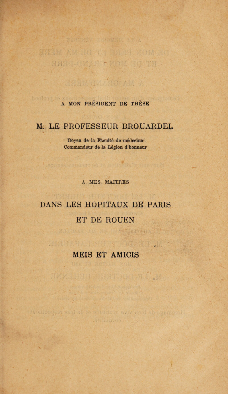 A MON PRÉSIDENT DE THESE M. LE PROFESSEUR BROUARDEL Doyen de la Faculté de médecine Commandeur de la Légion d’honneur A MES MAITRES DANS LES HOPITAUX DE PARIS ET DE ROUEN 1 •/ ' ; ■ . y •- * • ■ \ ‘ y MEIS ET AMICIS