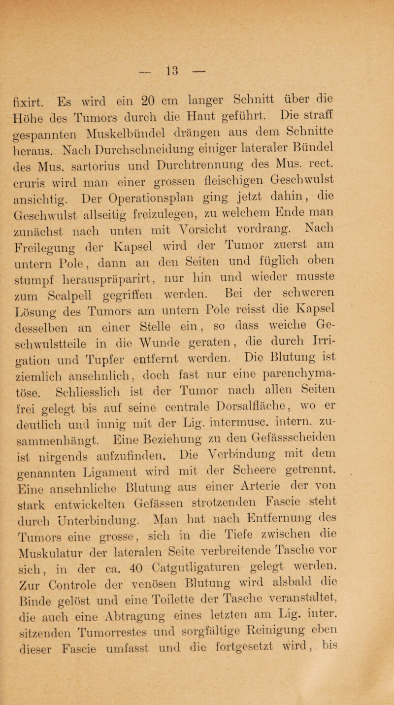 flxirt. Es wird ein 20 cm langer Schnitt über die Höhe des Tumors durch die Haut geführt. Die straff gespannten Muskelbündel drängen aus dem Schnitte heraus. Nach Durchschneidung einiger lateraler Bündel des Mus. sartorius und Durchtrennung des Mus. rect. cruris wird man einer grossen fleischigen Geschwulst ansichtig. Der Operationsplan ging jetzt dahin, die Geschwulst allseitig freizulegen, zu welchem Ende man zunächst nach unten mit Vorsicht vordrang. Nach Freilegung der Kapsel wird der Tumor zuerst am untern Pole, dann an den Seiten und füglich oben stumpf herauspräparirt, nur hin und wieder musste zum Scalpell gegriffen werden. Bei der schweren Lösung des Tumors am untern Pole reisst die Kapsel desselben an einer Stelle ein, so dass weiche Ge¬ schwulstteile in die Wunde geraten, die durch Irri¬ gation und Tupfer entfernt werden. Die Blutung ist ziemlich ansehnlich, doch fast nur eine parenchyma¬ töse. Schliesslich ist der Tumor nach allen Seiten frei gelegt bis auf seine centrale Dorsalfläche, wo er deutlich und innig mit der Lig. intermusc. intern, zu¬ sammenhängt. Eine Beziehung zu den Gefässscheiden ist nirgends aufzufinden. Die Verbindung mit dem genannten Ligament wird mit der Sclieeie getrennt. Eine ansehnliche Blutung aus einer Arterie der von stark entwickelten Gefässen strotzenden Fascie steht durch Unterbindung. Man hat nach Entfernung des Tumors eine grosse, sich in die Tiefe zwischen die Muskulatur der lateralen Seite verbreitende Tasche vor sich, in der ca. 40 Catgutligaturen gelegt werden. Zur Controle der venösen Blutung wird alsbald die Binde gelöst und eine Toilette der Tasche veianstaltet, die auch eine Abtragung eines letzten am Lig. inter. sitzenden Tumorrestes und sorgfältige Reinigung eben dieser Fascie umfasst und die fortgesetzt wird, bis