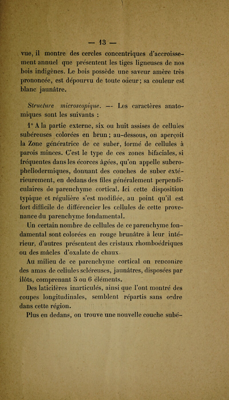 vue, il montre des cercles concentriques d’accroisse¬ ment annuel que présentent les tiges ligneuses de nos bois indigènes. Le bois possède une saveur amère très prononcée, est dépourvu de toute odeur; sa couleur est blanc jaunâtre. Structure microscopique. —- Les caractères anato¬ miques sont les suivants : 1° A la partie externe, six ou huit assises de cellules subéreuses colorées en brun ; au-dessous, on aperçoit la Zone génératrice de ce suber, formé de cellules à parois minces. C’est le type de ces zones bifaciales, si fréquentes dans les écorces âgées, qu’on appelle subero- pheliodermiques, donnant des couches de suber exté¬ rieurement, en dedans des files généralement perpendi¬ culaires de parenchyme cortical. Ici cette disposition typique et régulière s’est modifiée, au point qu’il est fort difficile de différencier les cellules de cette prove¬ nance du parenchyme fondamental. Un certain nombre de cellules de ce parenchyme fon¬ damental sont colorées en rouge brunâtre à leur inté¬ rieur, d’autres présentent des cristaux rhomboédriques ou des mâcles d’oxalate de chaux, Au milieu de ce parenchyme cortical on rencontre des amas de cellules scléreuses, jaunâtres, disposées par ilôts, comprenant 5 ou 6 éléments. Des laticifères inarticulés, ainsi aue font montré des coupes longitudinales, semblent répartis sans ordre dans cette région. Plus en dedans, on trouve une nouvelle couche subé-