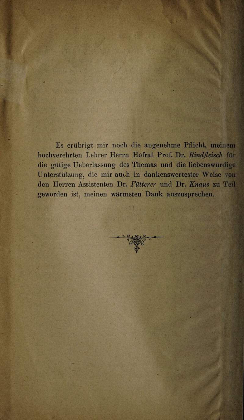 Es erübrigt mir noch die angenehme Pflicht, meinem hochverehrten Lehrer Herrn Hofrat Prof. Dr. Rindfleisch für die gütige Ueberlassung des Themas und die liebenswürdige Unterstützung, die mir auch in dankenswertester Weise von den Herren Assistenten Dr. Fütterer und Dr. Knaus zu Teil geworden ist, meinen wärmsten Dank auszusprechen. ,7