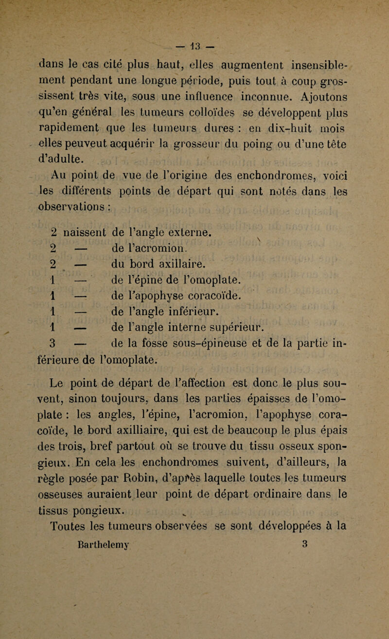 clans le cas cité plus haut, elles augmentent insensible¬ ment pendant une longue période, puis tout à coup gros¬ sissent très vite, sous une influence inconnue. Ajoutons qu’en général les tumeurs colloïdes se développent plus rapidement que les tumeurs dures : en clix-huit mois elles peuveut acquérir la grosseur du poing ou d’une tête d’adulte. Au point de vue de l’origine des enchondromes, voici les différents points de départ qui sont notés dans les observations : 2 naissent de l’angle externe. 2 — de l’acromion. 2 — du bord axillaire. 1 — de l’épine de l’omoplate. 1 — de l'apophyse coracoïde. 1 — de l’angle inférieur. 1 — de l’angle interne supérieur. 3 — de la fosse sous-épineuse et de la partie in¬ férieure de l’omoplate. Le point de départ de l’affection est donc le plus sou¬ vent, sinon toujours, dans les parties épaisses de l’omo¬ plate : les angles, l’épine, l’acromion, l’apophyse cora¬ coïde, le bord axilliaire, qui est de beaucoup le plus épais des trois, bref partout où se trouve du tissu osseux spon¬ gieux. En cela les enchondromes suivent, d’ailleurs, la règle posée par Robin, d’après laquelle toutes les tumeurs osseuses auraient leur point de départ ordinaire dans le tissus pongieux. Toutes les tumeurs observées se sont développées à la Barthélémy 3