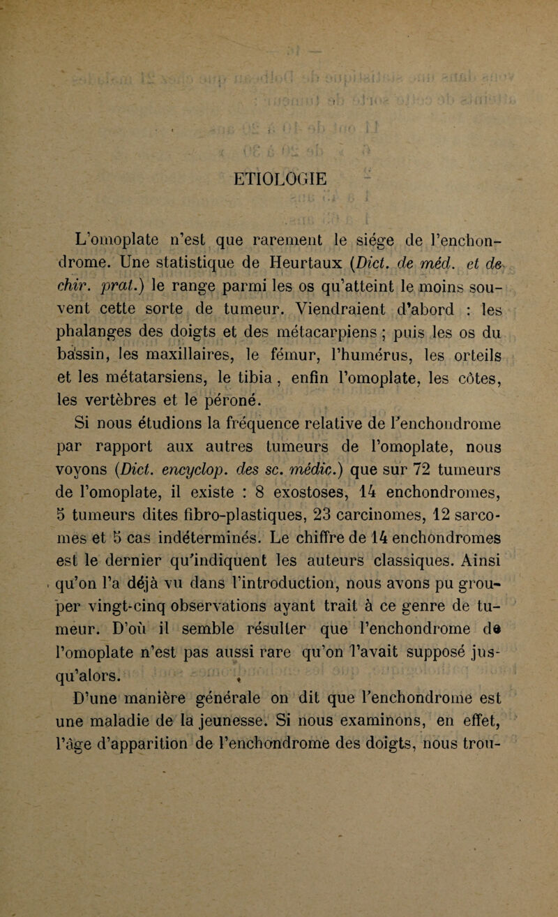 ETIOLOGIE L’omoplate n’est que rarement le siège de l’enchon- drome. Une statistique de Heurtaux (Dict. de méd. et de chir. prat.) le range parmi les os qu’atteint le moins sou¬ vent cette sorte de tumeur. Viendraient d’abord : les phalanges des doigts et des métacarpiens ; puis les os du bassin, les maxillaires, le fémur, l’humérus, les orteils et les métatarsiens, le tibia, enfin l’omoplate, les côtes, les vertèbres et le péroné. Si nous étudions la fréquence relative de Tenchondrome par rapport aux autres tumeurs de l’omoplate, nous voyons (Dict. encyclop. des sc. médic.) que sur 72 tumeurs de l’omoplate, il existe : 8 exostoses, 14 enchondromes, 5 tumeurs dites fibro-plastiques, 23 carcinomes, 12 sarco¬ mes et 5 cas indéterminés. Le chiffre de 14 enchondromes est le dernier qu'indiquent les auteurs classiques. Ainsi qu’on l’a déjà vu dans l’introduction, nous avons pu grou- per vingt-cinq observations ayant trait à ce genre de tu¬ meur. D’oxi il semble résulter que l’enchondrome de l’omoplate n’est pas aussi rare qu’on l’avait supposé jus¬ qu’alors. , D’une manière générale on dit que renchondrome est une maladie de la jeunesse. Si nous examinons, en effet, l’àge d’apparition de l’enchondrome des doigts, nous trou-