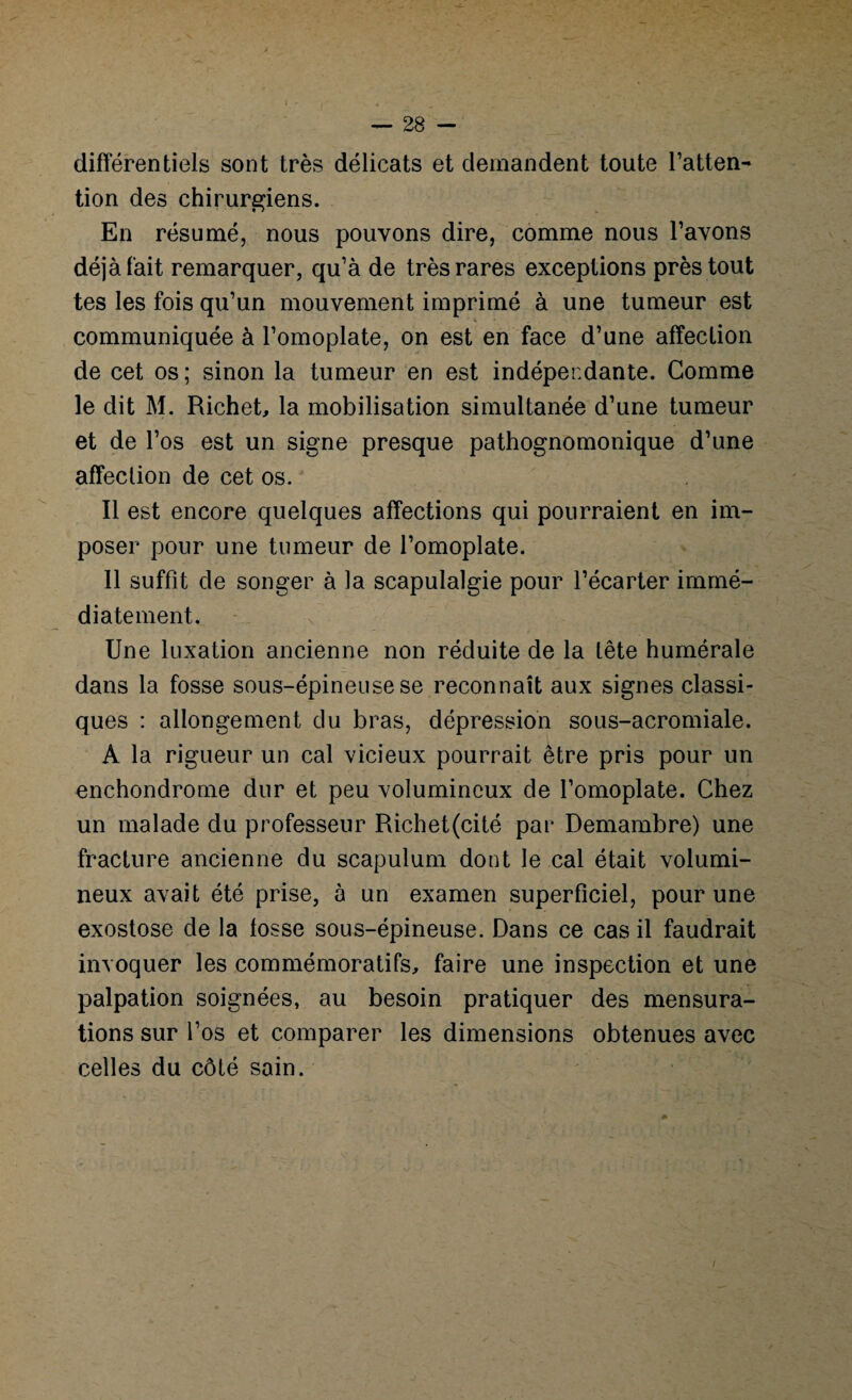 différentiels sont très délicats et demandent toute l’atten¬ tion des chirurgiens. En résumé, nous pouvons dire, comme nous l’avons déjà fait remarquer, qu’à de très rares exceptions près tout tes les fois qu’un mouvement imprimé à une tumeur est communiquée à l’omoplate, on est en face d’une affection de cet os; sinon la tumeur en est indépendante. Comme le dit M. Richet, la mobilisation simultanée d’une tumeur et de l’os est un signe presque pathognomonique d’une affection de cet os. Il est encore quelques affections qui pourraient en im¬ poser pour une tumeur de l’omoplate. 11 suffit de songer à la scapulalgie pour l’écarter immé¬ diatement. Une luxation ancienne non réduite de la tête humérale dans la fosse sous-épineuse se reconnaît aux signes classi¬ ques : allongement clu bras, dépression sous-acromiale. A la rigueur un cal vicieux pourrait être pris pour un enchondrome dur et peu volumineux de l’omoplate. Chez un malade du professeur Richet(cité par Demambre) une fracture ancienne du scapulum dont le cal était volumi¬ neux avait été prise, à un examen superficiel, pour une exostose de la losse sous-épineuse. Dans ce cas il faudrait invoquer les commémoratifs, faire une inspection et une palpation soignées, au besoin pratiquer des mensura¬ tions sur l’os et comparer les dimensions obtenues avec celles du côté sain.