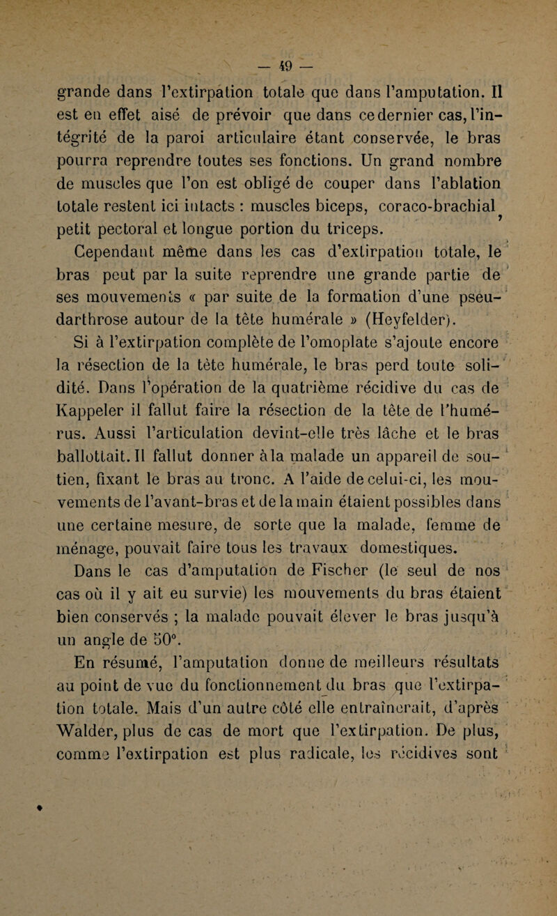 grande dans l’extirpation totale que dans l’amputation. Il est en effet aisé de prévoir que dans ce dernier cas, l’in¬ tégrité de la paroi articulaire étant conservée, le bras pourra reprendre toutes ses fonctions. Un grand nombre de muscles que l’on est obligé de couper dans l’ablation totale restent ici intacts : muscles biceps, coraco-brachial petit pectoral et longue portion du triceps. Cependant même dans les cas d’extirpation totale, le bras peut par la suite reprendre une grande partie de ses mouvements « par suite de la formation d’une pseu¬ darthrose autour de la tête humérale » (Heyfelder). Si à l’extirpation complète de l’omoplate s’ajoute encore la résection de la tète humérale, le bras perd toute soli¬ dité. Dans l’opération de la quatrième récidive du cas de Rappeler il fallut faire la résection de la tête de l’humé¬ rus. Aussi l’articulation devint-elle très lâche et le bras ballottait.il fallut donner àla malade un appareil de sou¬ tien, fixant le bras au tronc. A l’aide de celui-ci, les mou¬ vements de l’avant-bras et de la main étaient possibles dans une certaine mesure, de sorte que la malade, femme de ménage, pouvait faire tous les travaux domestiques. Dans le cas d’amputation de Fischer (le seul de nos cas où il y ait eu survie) les mouvements du bras étaient bien conservés ; la malade pouvait élever le bras jusqu’à un angle de 50°. En résumé, l’amputation donne de meilleurs résultats au point de vue du fonctionnement du bras que l’extirpa¬ tion totale. Mais d’un autre côté elle entraînerait, d’après Walder, plus de cas de mort que l’extirpation. De plus, comme l’extirpation est plus radicale, les récidives sont ♦