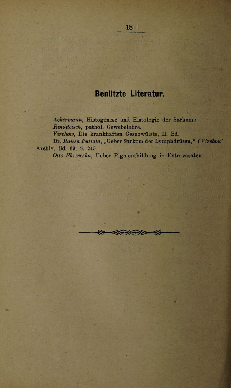 Benützte Literatur. Ackermann, Histogenese und Histologie der Sarkome. Rindfleisch, pathol. Gewebelehre. Virchow, Die krankhaften Geschwülste, II. Bd. Dr. Raissa Putiata, „lieber Sarkom der Lymphdrüsen,“ ( Virchow Archiv, Bd. 69, S. 245. Otto Skrzeczka, Ueber Pigmentbildung in Extravasaten.