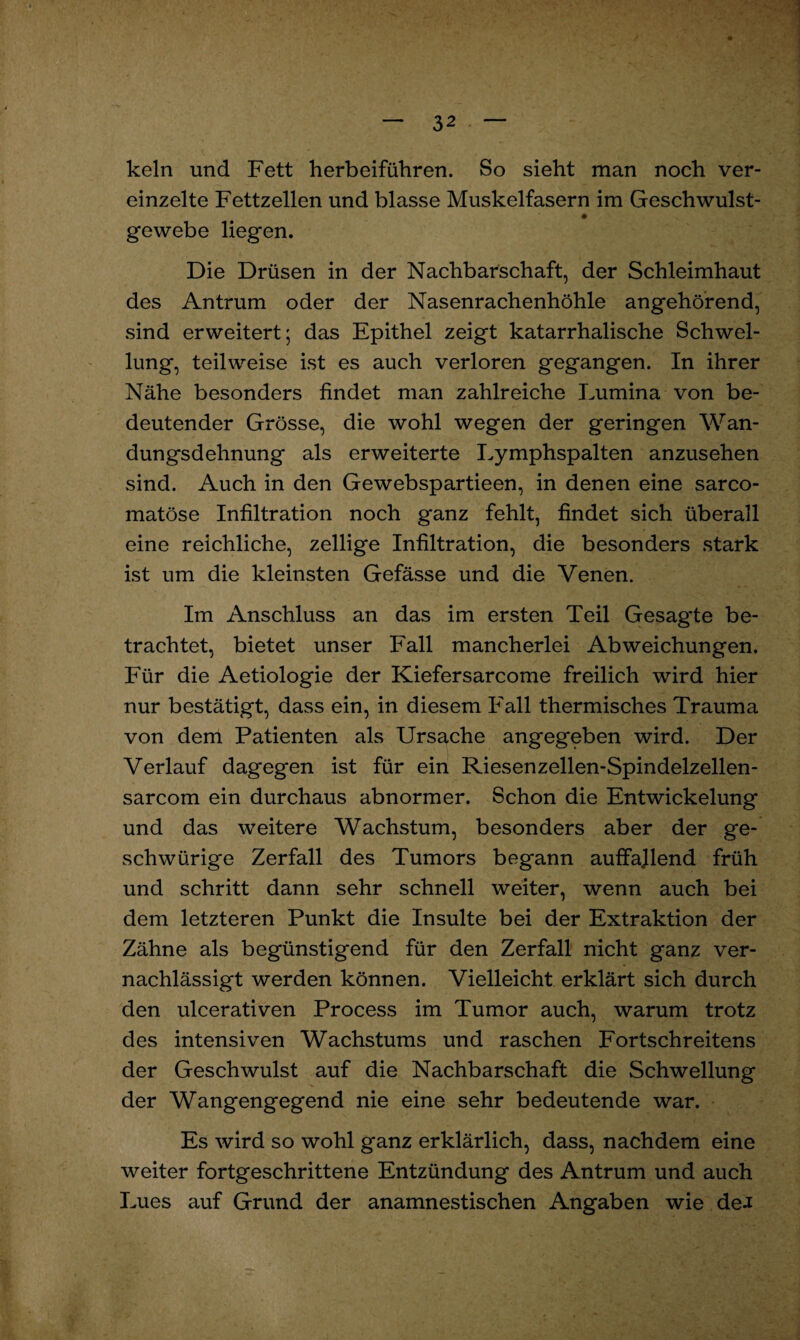 kein und Fett herbeiführen. So sieht man noch ver¬ einzelte Fettzellen und blasse Muskelfasern im Geschwulst- gewebe liegen. Die Drüsen in der Nachbarschaft, der Schleimhaut des Antrum oder der Nasenrachenhöhle angehörend, sind erweitert; das Epithel zeigt katarrhalische Schwel¬ lung, teilweise ist es auch verloren gegangen. In ihrer Nähe besonders findet man zahlreiche Lumina von be¬ deutender Grösse, die wohl wegen der geringen Wan¬ dungsdehnung als erweiterte Lymphspalten anzusehen sind. Auch in den Gewebspartieen, in denen eine sarco- matöse Infiltration noch ganz fehlt, findet sich überall eine reichliche, zellige Infiltration, die besonders stark ist um die kleinsten Gefässe und die Venen. Im Anschluss an das im ersten Teil Gesagte be¬ trachtet, bietet unser Fall mancherlei Abweichungen. Für die Aetiologie der Kiefersarcome freilich wird hier nur bestätigt, dass ein, in diesem Fall thermisches Trauma von dem Patienten als Ursache angegeben wird. Der Verlauf dagegen ist für ein Riesenzellen-Spindelzellen- sarcom ein durchaus abnormer. Schon die Entwickelung und das weitere Wachstum, besonders aber der ge- schwürige Zerfall des Tumors begann auffallend früh und schritt dann sehr schnell weiter, wenn auch bei dem letzteren Punkt die Insulte bei der Extraktion der Zähne als begünstigend für den Zerfall nicht ganz ver¬ nachlässigt werden können. Vielleicht erklärt sich durch den ulcerativen Process im Tumor auch, warum trotz des intensiven Wachstums und raschen Fortschreitens der Geschwulst auf die Nachbarschaft die Schwellung der Wangengegend nie eine sehr bedeutende war. Es wird so wohl ganz erklärlich, dass, nachdem eine weiter fortgeschrittene Entzündung des Antrum und auch Lues auf Grund der anamnestischen Angaben wie dea