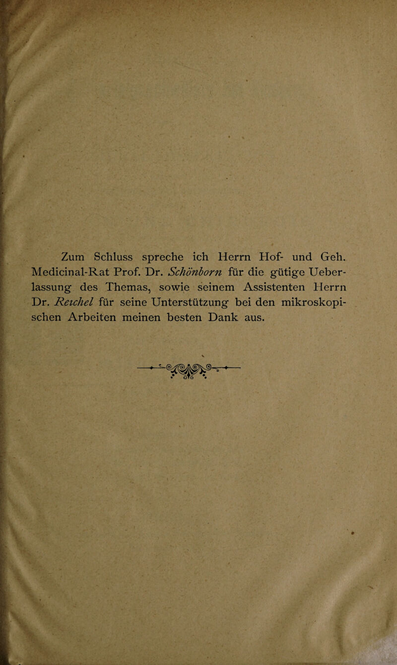 Zum Schluss spreche ich Herrn Hof- und Geh. Medicinal-Rat Prof. Dr. Schönborn für die gütige Ueber- lassung des Themas, sowie seinem Assistenten Herrn Dr. Reichel für seine Unterstützung bei den mikroskopi¬ schen Arbeiten meinen besten Dank aus.