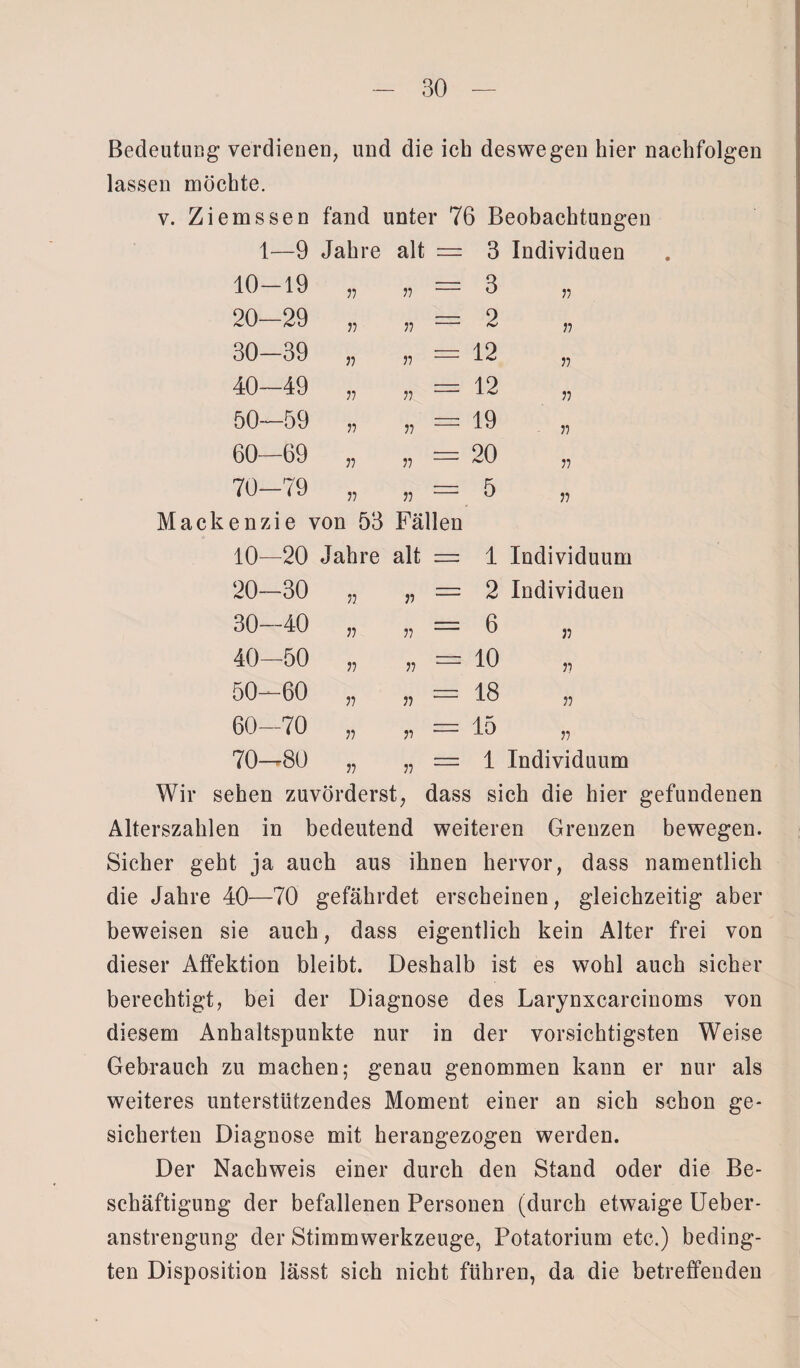 Bedeutung verdienen, und die ich deswegen hier nachfolgen lassen möchte. mss ;en fand unter 76 Beobachtung 1- -9 Jahre alt = 3 Individuen 10- -19 n n — 3 ii 20- -29 ii ii —■ 2 n 30- -39 ii ii — 12 ii 40- -49 ii n ==z 12 ii 50- -59 ii n ~ 19 n 60- -69 ii n ~ 20 ii 70- -79 n ii “ 5 ii Mackenzie von 53 Fällen 10—20 Jahre alt == 1 Individuum 20—30 „ „ = 2 Individuen 30 40 n n = 6 j, 40-50 „ „ - 10 50—60 „ „ = 18 60-70 „ * = 15 70—80 „ „ = 1 Individuum Wir sehen zuvörderst, dass sich die hier gefundenen Alterszahlen in bedeutend weiteren Grenzen bewegen. Sicher geht ja auch aus ihnen hervor, dass namentlich die Jahre 40—70 gefährdet erscheinen, gleichzeitig aber beweisen sie auch, dass eigentlich kein Alter frei von dieser Affektion bleibt. Deshalb ist es wohl auch sicher berechtigt, bei der Diagnose des Larynxcarcinoms von diesem Anhaltspunkte nur in der vorsichtigsten Weise Gebrauch zu machen; genau genommen kann er nur als weiteres unterstützendes Moment einer an sich schon ge¬ sicherten Diagnose mit herangezogen werden. Der Nachweis einer durch den Stand oder die Be¬ schäftigung der befallenen Personen (durch etwaige Ueber- anstrengung der Stimmwerkzeuge, Potatorium etc.) beding¬ ten Disposition lässt sich nicht führen, da die betreffenden