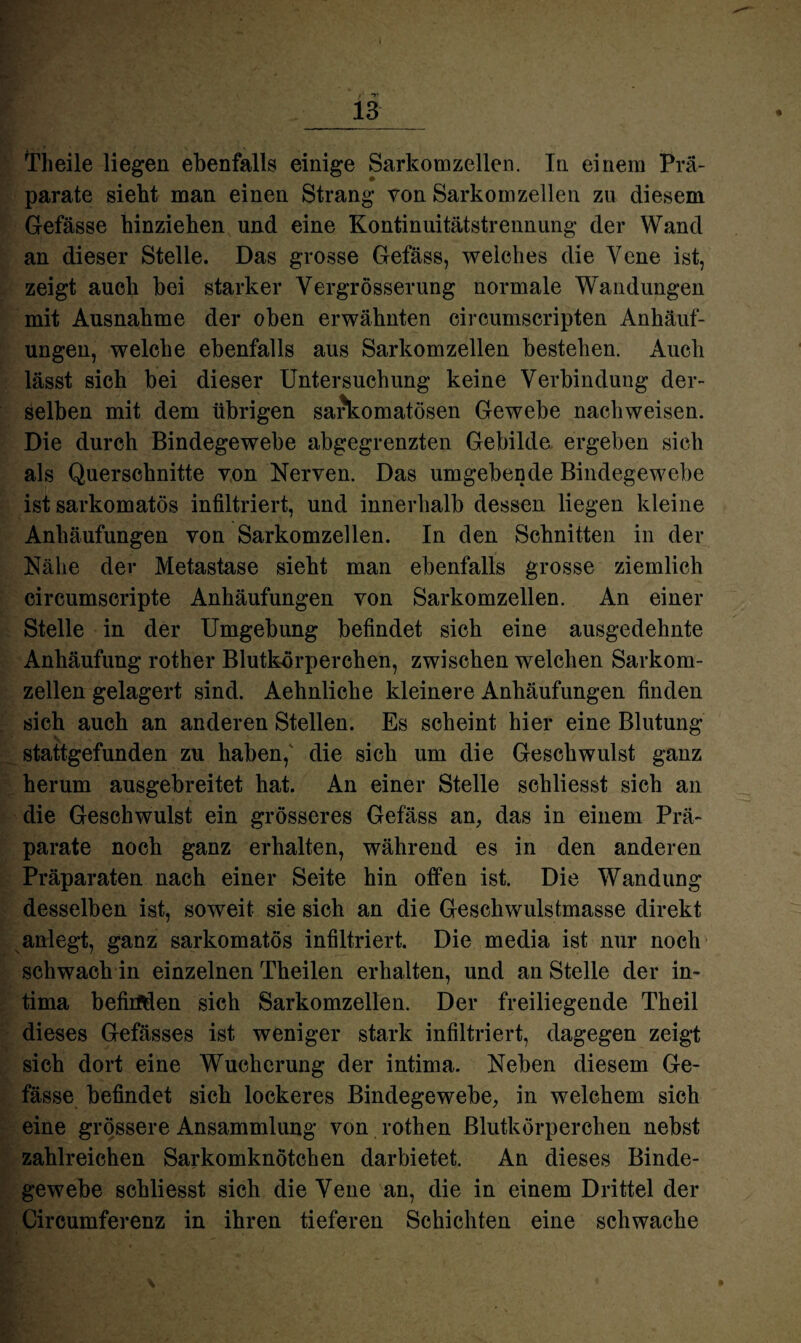 Theile liegen ebenfalls einige Sarkomzellen. In einem Prä¬ parate sieht man einen Strang von Sarkomzellen zu diesem Gefässe hinziehen und eine Kontinuitätstrennung der Wand an dieser Stelle. Das grosse Gefäss, weiches die Vene ist, zeigt auch bei starker Vergrösserung normale Wandungen mit Ausnahme der oben erwähnten circumscripten Anhäuf¬ ungen, welche ebenfalls aus Sarkomzellen bestehen. Auch lässt sich bei dieser Untersuchung keine Verbindung der¬ selben mit dem übrigen sarkomatösen Gewebe nachweisen. Die durch Bindegewebe abgegrenzten Gebilde ergeben sich als Querschnitte von Nerven. Das umgebende Bindegewebe ist sarkomatös infiltriert, und innerhalb dessen liegen kleine Anhäufungen von Sarkomzellen. In den Schnitten in der Nähe der Metastase sieht man ebenfalls grosse ziemlich circumscripte Anhäufungen von Sarkomzellen. An einer Stelle in der Umgebung befindet sich eine ausgedehnte Anhäufung rother Blutkörperchen, zwischen welchen Sarkom¬ zellen gelagert sind. Aehnliche kleinere Anhäufungen finden sich auch an anderen Stellen. Es scheint hier eine Blutung stattgefunden zu haben, die sich um die Geschwulst ganz herum ausgebreitet hat. An einer Stelle schliesst sich an die Geschwulst ein grösseres Gefäss an, das in einem Prä¬ parate noch ganz erhalten, während es in den anderen Präparaten nach einer Seite hin offen ist. Die Wandung desselben ist, soweit sie sich an die Geschwulsfcmasse direkt anlegt, ganz sarkomatös infiltriert. Die media ist nur noch schwach in einzelnen Theilen erhalten, und an Stelle der in- tima befirfden sich Sarkomzellen. Der freiliegende Theil dieses Gefässes ist weniger stark infiltriert, dagegen zeigt sich dort eine Wucherung der intima. Neben diesem Ge¬ fässe befindet sich lockeres Bindegewebe, in welchem sich eine grössere Ansammlung von rothen Blutkörperchen nebst zahlreichen Sarkomknötchen darbietet. An dieses Binde¬ gewebe schliesst sich die Vene an, die in einem Drittel der Cireumferenz in ihren tieferen Schichten eine schwache