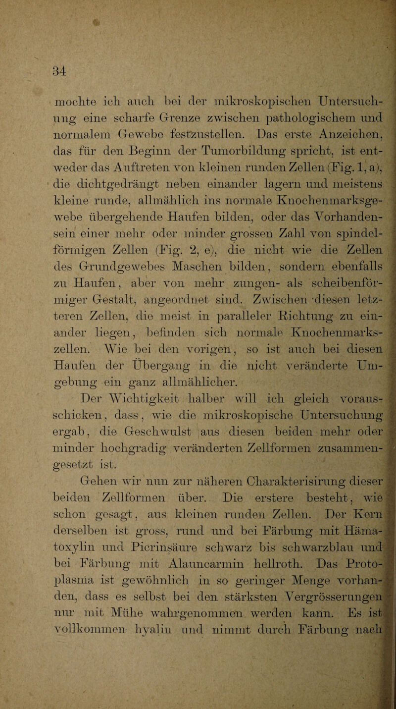 mochte ich auch hei der mikroskopischen Untersuch¬ ung eine scharfe Grenze zwischen pathologischem und normalem Gewebe festzustellen. Das erste Anzeichen, das für den Beginn der Tumorbildung spricht, ist ent¬ weder das Auftreten von kleinen runden Zellen (Fig. 1, a), die dichtgedrängt neben einander lagern und meistens kleine runde, allmählich ins normale Knochenmarksge¬ webe übergehende Haufen bilden, oder das Vorhanden¬ sein einer mehr oder minder grossen Zahl von spindel¬ förmigen Zellen (Fig. 2, e), die nicht wie die Zellen des Grundgewebes Maschen bilden, sondern ebenfalls zu Haufen, aber von mehr zungen- als scheibenför¬ miger Gestalt, angeordnet sind. Zwischen -diesen letz¬ teren Zellen, die meist in parallel er Ri chtung zu ein¬ ander liegen, befinden sich normale Knochenmarks¬ zellen. Wie bei den vorigen, so ist auch bei diesen Haufen der Übergang in die nicht veränderte Um¬ gebung ein ganz allmählicher. Der Wichtigkeit halber will ich gleich voraus- schicken, dass, wie die mikroskopische Untersuchung ergab, die Geschwulst aus diesen beiden mehr oder minder hochgradig veränderten Zellformen zusammen¬ gesetzt ist. Gehen wir nun zur näheren Charakterisirung dieser beiden Zellformen über. Die erstere besteht, wie schon gesagt, aus kleinen runden Zellen. Der Kern derselben ist gross, rund und bei Färbung mit Häma- toxylin und Picrinsäure schwarz bis schwarzblau und bei Färbung mit Alauncarmin hellroth. Das Proto¬ plasma ist gewöhnlich in so geringer Menge vorhan¬ den, dass es selbst bei den stärksten Yergrösserungen nur mit Mühe wahrgenommen werden kann. Es ist vollkommen hyalin und nimmt durch Färbung nach
