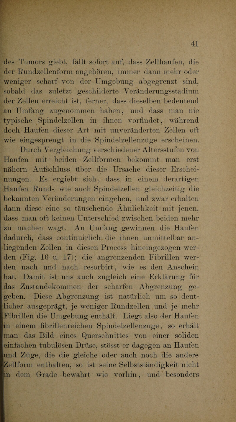 des Tumors giebt, fällt sofort auf, dass Zell kaufen, die der Rundzellenform angeboren, immer dann mehr oder weniger scharf von der Umgebung ab gegrenzt sind, sobald das zuletzt geschilderte Veränderungsstadium der Zellen erreicht ist, ferner, dass dieselben bedeutend an Umfang zugenommen haben, und dass man nie typische Spindelzellen in ihnen vorfindet, während doch Haufen dieser Art mit unveränderten Zellen oft wie eingesprengt in die Spindelzellenzüge erscheinen. Durch Vergleichung verschiedener Altersstufen von Haufen mit beiden Zellformen bekommt man erst nähern Aufschluss über die Ursache dieser Erschei¬ nungen. Es er giebt sich, dass in einem derartigen Haufen Hund- wie auch Spindelzellen gleichzeitig die bekannten Veränderungen eingehen, und zwar erhalten dann diese eine so täuschende Ähnlichkeit mit jenen, dass man oft keinen Unterschied zwischen beiden mehr zu machen wagt. An Umfang gewinnen die Haufen dadurch, dass continuirlich die ihnen unmittelbar an¬ liegenden Zellen in diesen Process hineingezogen wer¬ den (Fig. 16 u. 17); die angrenzenden Fibrillen wer¬ den nach und nach resorbirt, wie es den Anschein hat. Damit ist uns auch zugleich eine Erklärung für das Zustandekommen der scharfen Abgrenzung ge¬ geben. Diese Abgrenzung ist natürlich um so deut¬ licher ausgeprägt, je weniger Rundzellen und je mehr Fibrillen die Umgebung enthält. Liegt also der Haufen [in einem fibrillenreichen Spindelzellenzuge, so erhält man das Bild eines Querschnittes von einer soliden einfachen tubulösen Drüse, stösst er dagegen an Haufen und Züge, die die gleiche oder auch noch die andere fZellform enthalten, so ist seine Selbstständigkeit nicht in dem Grade bewahrt wie vorhin, und besonders