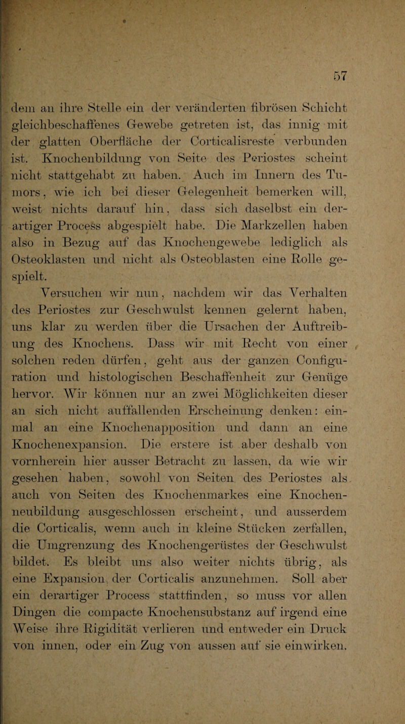 ♦ dem an ihre Stelle ein der veränderten fibrösen Schicht gleichbeschaffenes Cie webe getreten ist, das innig mit der glatten Oberfläche der Corticalisreste verbunden ist. Knochenbildung von Seite des Periostes scheint nicht stattgehabt zu haben. Auch im Innern des Tu¬ mors . wie ich bei dieser Gelegenheit bemerken will, weist nichts darauf hin, dass sich daselbst ein der¬ artiger Process abgespielt habe. Die Markzellen haben also in Bezug auf das Knochengewebe lediglich als Osteoklasten und nicht als Osteoblasten eine Rolle ge¬ spielt. Versuchen wir nun, nachdem wir das Verhalten des Periostes zur Geschwulst kennen gelernt haben, uns klar zu werden über die Ursachen der Auftreib¬ ung des Knochens. Dass wir mit Recht von einer solchen reden dürfen, geht aus der ganzen Configu- ration und histologischen Beschaffenheit zur Genüge hervor. Wir können nur an zwei Möglichkeiten dieser an sich nicht auffallenden Erscheinung denken: ein¬ mal an eine Knochenapposition und dann an eine Knochenexpansion. Die erstere ist aber deshalb von vornherein hier ausser Betracht zu lassen, da wie wir gesehen haben, sowohl von Seiten des Periostes als auch von Seiten des Knochenmarkes eine Knochen¬ neubildung ausgeschlossen erscheint, und ausserdem die Corticalis, Avenn auch in kleine Stücken zerfallen, die Umgrenzung des Knochengerüstes der GescliAvulst bildet. Es bleibt uns also weiter nichts übrig, als eine Expansion der Corticalis anzunehmen. Soll aber ein derartiger Process stattfinden, so muss vor allen Dingen die compacte Knochensubstanz auf irgend eine Weise ihre Rigidität verlieren und entweder ein Druck von innen, oder ein Zug von aussen auf sie ein wirken.