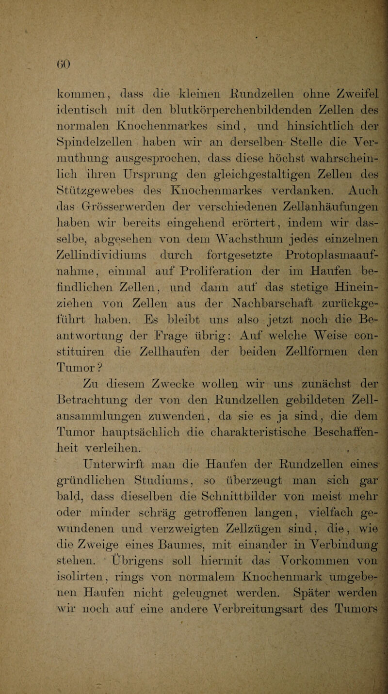 GO kommen, dass die kleinen Bundzellen ohne Zweifel identisch mit den bhitkörperchenbildenden Zellen des normalen Knochenmarkes sind, und hinsichtlich der Spindelzellen haben wir an derselben Stelle die Ver- muthung ausgesprochen, dass diese höchst wahrschein¬ lich ihren Ursprung den gleichgestaltigen Zellen des Stützgewebes des Knochenmarkes verdanken. Auch das Grösserwerden der verschiedenen Zellanhäufungen haben wir bereits eingehend erörtert, indem wir das¬ selbe, abgesehen von dem Wachsthum jedes einzelnen Zellindividiums durch fortgesetzte Protoplasmaauf¬ nahme, einmal auf Proliferation der im Haufen be¬ findlichen Zellen, und dann auf das stetige Hinein¬ ziehen von Zellen aus der Nachbarschaft zurückge¬ führt haben. Es bleibt uns also jetzt noch die Be¬ antwortung der Frage übrig : Auf welche Weise con- stituiren die Zellhaufen der beiden Zellformen den Tumor ? Zu diesem Zwecke wollen wir uns zunächst der Betrachtung der von den Bundzellen gebildeten Zell- ansammlungen zu wenden, da sie es ja sind, die dem } Tumor hauptsächlich die charakteristische Beschaffen¬ heit verleihen. Unterwirft man die Haufen der Bundzellen eines gründlichen Studiums, so überzeugt man sich gar bald, dass dieselben die Schnittbilder von meist mehr oder minder schräg getroffenen langen, vielfach ge¬ wundenen und verzweigten Zellzügen sind, die, wie die Zweige eines Baumes, mit einander in Verbindung stehen. Übrigens soll hiermit das Vorkommen von isolirten, rings von normalem Knochenmark umgebe¬ nen Haufen nicht geleugnet werden. Später werden wir noch auf eine andere Verbreitungsart des Tumors