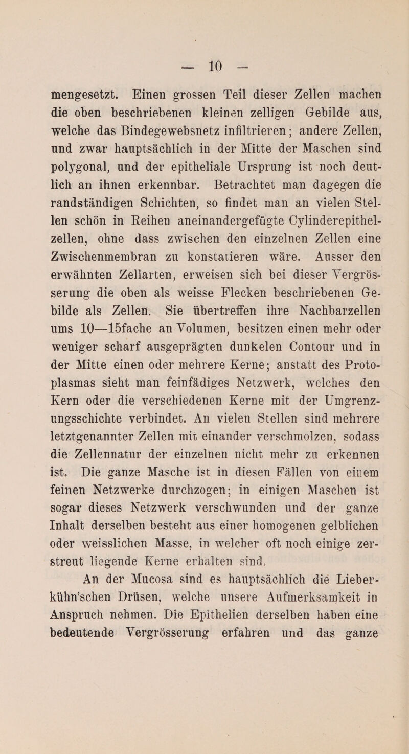 mengesetzt. Einen grossen Teil dieser Zellen machen die oben beschriebenen kleinen zelligen Gebilde ans, welche das Bindegewebsnetz infiltrieren; andere Zellen, nnd zwar hauptsächlich in der Mitte der Maschen sind polygonal, und der epitheliale Ursprung ist noch deut¬ lich an ihnen erkennbar. Betrachtet man dagegen die randständigen Schichten, so findet man an vielen Stel¬ len schön in Reihen aneinandergefügte Cylinderepithel- zellen, ohne dass zwischen den einzelnen Zellen eine Zwischenmembran zu konstatieren wäre. Ausser den erwähnten Zellarten, erweisen sich bei dieser Yergrös- serung die oben als weisse Flecken beschriebenen Ge¬ bilde als Zellen. Sie übertreffen ihre Nachbarzellen ums 10—löfache an Volumen, besitzen einen mehr oder weniger scharf ausgeprägten dunkelen Contour und in der Mitte einen oder mehrere Kerne; anstatt des Proto¬ plasmas sieht man feinfädiges Netzwerk, welches den Kern oder die verschiedenen Kerne mit der Umgrenz¬ ungsschichte verbindet. An vielen Stellen sind mehrere letztgenannter Zellen mit einander verschmolzen, sodass die Zellennatur der einzelnen nicht mehr zu erkennen ist. Die ganze Masche ist in diesen Fällen von einem feinen Netzwerke durchzogen; in einigen Maschen ist sogar dieses Netzwerk verschwunden und der ganze Inhalt derselben besteht aus einer homogenen gelblichen oder weisslichen Masse, in welcher oft noch einige zer¬ streut liegende Kerne erhalten sind. An der Mucosa sind es hauptsächlich die Lieber- kühn’schen Drüsen, welche unsere Aufmerksamkeit in Anspruch nehmen. Die Epithelien derselben haben eine bedeutende Vergrösserung erfahren und das ganze