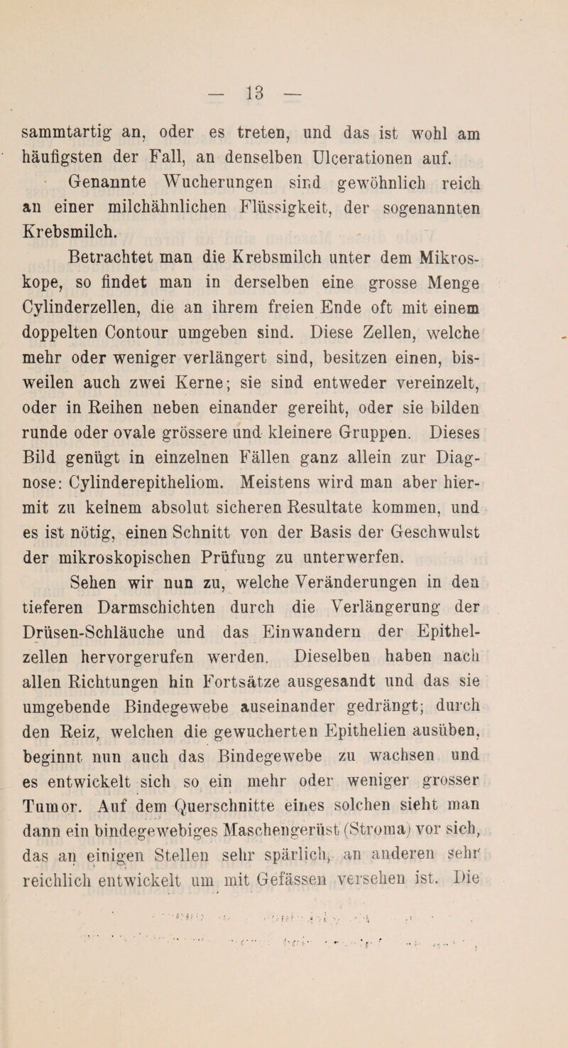 sammtartig an, oder es treten, und das ist wohl am häufigsten der Fall, an denselben Ulcerationen auf. Genannte Wucherungen sir.d gewöhnlich reich an einer milchähnlichen Flüssigkeit, der sogenannten Krebsmilch. Betrachtet man die Krebsmilch unter dem Mikros¬ kope, so findet man in derselben eine grosse Menge Cylinderzellen, die an ihrem freien Ende oft mit einem doppelten Contour umgeben sind. Diese Zellen, welche mehr oder weniger verlängert sind, besitzen einen, bis¬ weilen auch zwei Kerne; sie sind entweder vereinzelt, oder in Reihen neben einander gereiht, oder sie bilden runde oder ovale grössere und kleinere Gruppen. Dieses Bild genügt in einzelnen Fällen ganz allein zur Diag¬ nose: Cylinderepitheliom. Meistens wird man aber hier¬ mit zu keinem absolut sicheren Resultate kommen, und es ist nötig, einen Schnitt von der Basis der Geschwulst der mikroskopischen Prüfung zu unterwerfen. Sehen wir nun zu, welche Veränderungen in den tieferen Darmschichten durch die Verlängerung der Drüsen-Schläuche und das Einwandern der Epithel¬ zellen hervorgerufen werden. Dieselben haben nach allen Richtungen hin Fortsätze ausgesandt und das sie umgebende Bindegewebe auseinander gedrängt; durch den Reiz, welchen die gewucherten Epithelien ausiiben, beginnt nun auch das Bindegewebe zu wachsen und es entwickelt sich so ein mehr oder weniger grosser Tumor. Auf dem Querschnitte eines solchen sieht man dann ein bindegewebiges Maschengerüst (Stroma) vor sich, das an einigen Stellen sehr spärlich, an anderen sehr' reichlich entwickelt um mit Gelassen versehen ist. Die