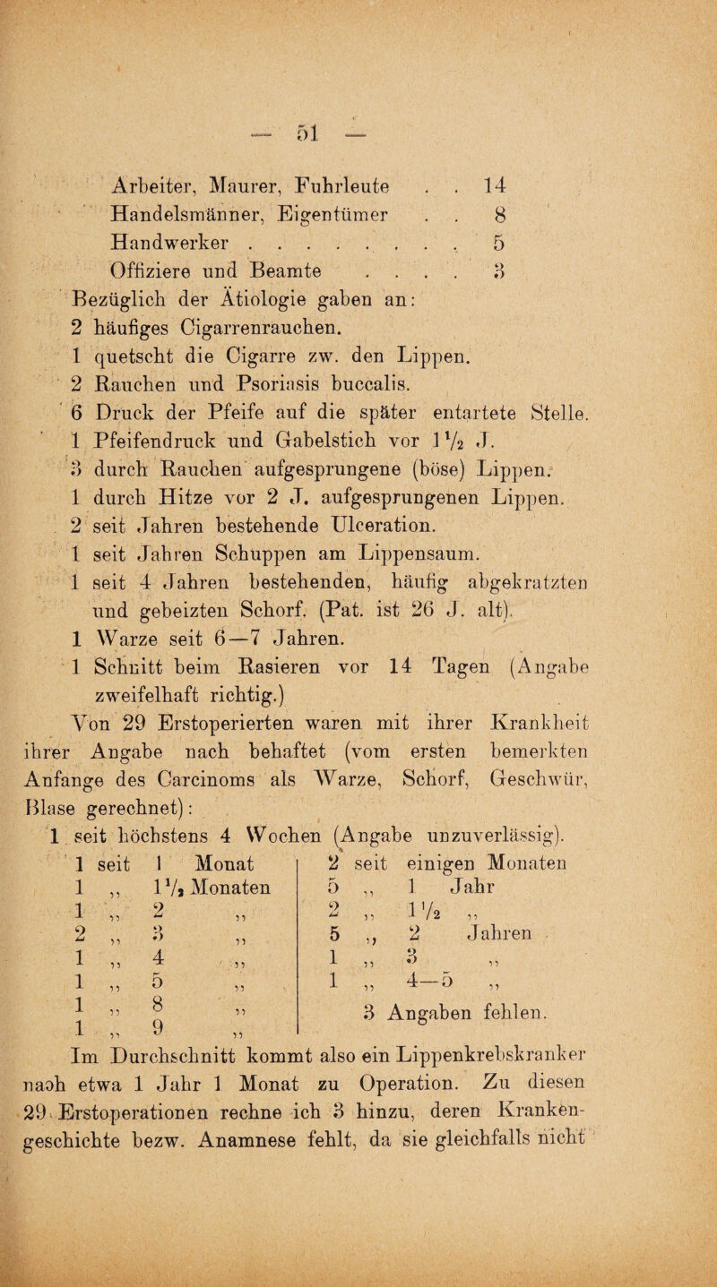 Arbeiter, Maurer, Fuhrleute . . 14 Handelsmänner, Eigentümer . . 8 Handwerker. . , 5 Offiziere und Beamte .... 5 Bezüglich der Ätiologie gaben an: 2 häufiges Cigarrenrauchen. 1 quetscht die Cigarre zw. den Lippen. 2 Rauchen und Psoriasis buccalis. 6 Druck der Pfeife auf die später entartete Stelle. 1 Pfeifendruck und Gabelstich vor 1 7*2 J. 3 durch Rauchen aufgesprungene (böse) Lippen. 1 durch Hitze vor 2 J. aufgesprungenen Lippen. . 2 seit Jahren bestehende Ulceration. 1 seit Jahren Schuppen am Lippensaum. 1 seit 4 Jahren bestehenden, häufig abgekratzten und gebeizten Schorf. (Pat. ist 26 J. alt). 1 Warze seit 6—7 Jahren. 1 Schnitt beim Rasieren vor 14 Tagen (Angabe zweifelhaft richtig.) Von 29 Erstoperierten waren mit ihrer Krankheit ihrer Angabe nach behaftet (vom ersten bemerkten Anfänge des Carcinoms als Warze, Schorf, Geschwür, Blase gerechnet): 1 seit höchstens 4 Wochen (Angabe unzuverlässig). einigen Monaten 1 Jahr 1 72 „ 2 Jahren 1 seit 1 1 2 1 1 1 1 1 Monat 17a Monaten ■ 9 } 5 } *) v o 4 5 8 9 IV vv ' vv vv vv vv 2 seit 5 „ 2 „ 5 1 1 n 3 ■) ? 5 5 4 5 ,5 3 Angaben fehlen. Im Durchschnitt kommt also ein Lippenkrebskranker naoh etwa 1 Jahr 1 Monat zu Operation. Zu diesen 29 Erstoperationen rechne ich 3 hinzu, deren Kranken¬ geschichte bezw. Anamnese fehlt, da sie gleichfalls nicht