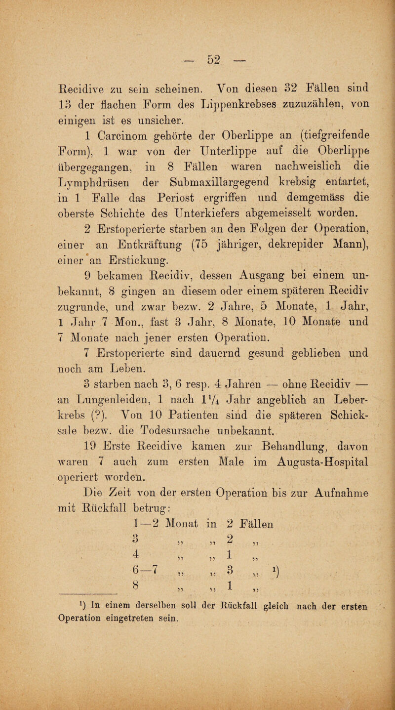 Recidive zu sein scheinen. Von diesen 32 Fällen sind 13 der flachen Form des Lippenkrebses zuzuzählen, von einigen ist es unsicher. 1 Carcinoni gehörte der Oberlippe an (tiefgreifende Form), 1 war von der Unterlippe auf die Oberlippe ühergegangen, in 8 Fällen waren nachweislich die Lymphdrüsen der Submaxillargegend krebsig entartet, in 1 Falle das Periost ergriffen und demgemäss die oberste Schichte des Unterkiefers abgemeisselt worden. 2 Erstoperierte starben an den Folgen der Operation, eiuer an Entkräftung (75 jähriger, dekrepider Mann), einer an Erstickung. 9 bekamen Recidiv, dessen Ausgang hei einem un¬ bekannt, 8 gingen an diesem oder einem späteren Recidiv zugrunde, und zwar hezw. 2 Jahre, 5 Monate, 1 Jahr, 1 Jahr 7 Mon., fast 3 Jahr, 8 Monate, 10 Monate und 7 Monate nach jener ersten Operation. 7 Erstoperierte sind dauernd gesund geblieben und noch am Leben. 3 starben nach 3, 6 resp. 4 Jahren — ohne Recidiv — an Lungenleiden, 1 nach 1V4 Jahr angeblich an Leber¬ krebs (?). Von 10 Patienten sind die späteren Schick¬ sale hezw. die Todesursache unbekannt. 19 Erste Recidive kamen zur Behandlung, davon waren 7 auch zum ersten Male im Augusta-Hospital operiert worden. Die Zeit von der ersten Operation bis zur Aufnahme mit Rückfall betrug: 1—2 Monat in 2 Fällen 4 6—7 8 9 In einem derselben soll der Rückfall gleich nach der ersten Operation eingetreten sein.