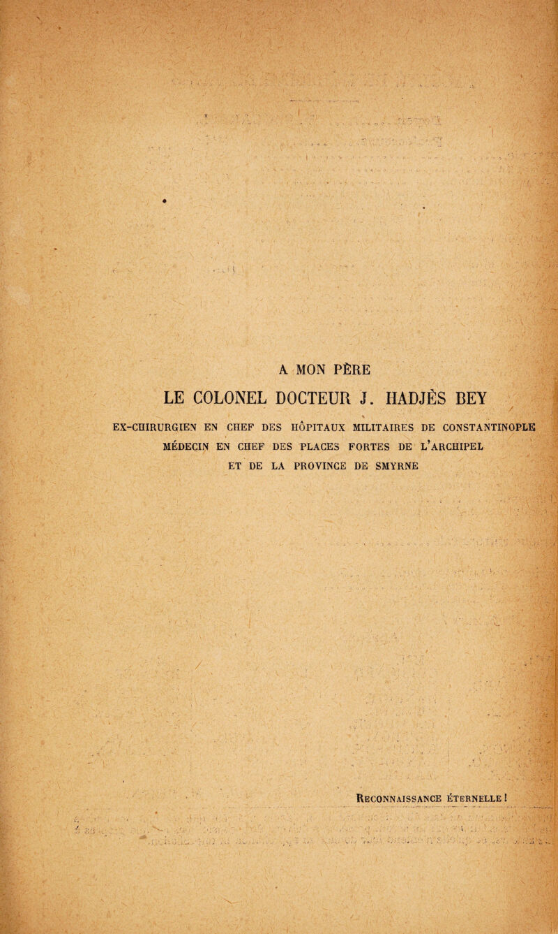 A MON PÈRE LE COLONEL DOCTEUR J. HADJÉS BEY ■ i. * i / EX-CniRURGIEN EN CHEF DES HOPITAUX MILITAIRES DE CONSTANTINOPLE / MEDECIN EN CHEF DES PLACES FORTES DE L ARCHIPEL ET DE LA PROVINCE DE SMYRNE Reconnaissance éternelle I .): ■ ,1 ‘ ■ 'A : '-v 'Cjü ■ 'téi' w. ' ■ ■ 2 ■1 ■ -■.Ih] •'H'