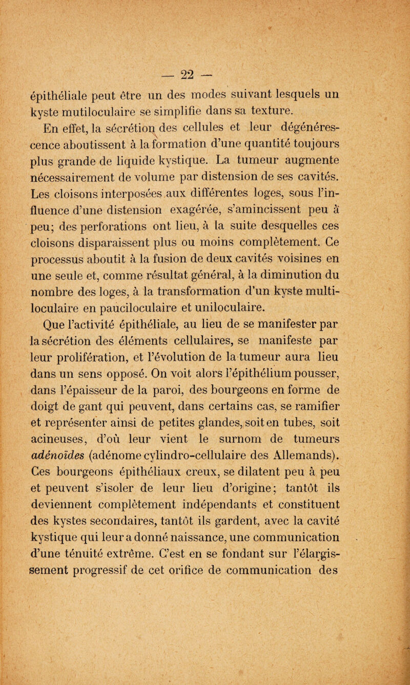 épithéliale peut être un des modes suivant lesquels un kyste mutiloculaire se simplifie dans sa texture. En effet, la sécrétioi^^des cellules et leur dégénéres¬ cence aboutissent à la formation d’une quantité toujours plus grande de liquide kystique. La tumeur augmente nécessairement de volume par distension de ses cavités. Les cloisons interposées aux différentes loges, sous Fin- fluence d’une distension exagérée, s’amincissent peu à peu; des perforations ont lieu, à la suite desquelles ces cloisons disparaissent plus ou moins complètement. Ce processus aboutit à la fusion de deux cavités voisines en une seule et, comme résultat général, à la diminution du nombre des loges, à la transformation d’un kyste multi¬ loculaire en pauciloculaire et uniloculaire. Que l’activité épithéliale, au lieu de se manifester par la sécrétion des éléments cellulaires, se manifeste par leur prolifération, et l’évolution de la tumeur aura lieu dans un sens opposé. On voit alors l’épithélium pousser, dans l’épaisseur de la paroi, des bourgeons en forme de doigt de gant qui peuvent, dans certains cas, se ramifier et représenter ainsi de petites glandes, soit en tubes, soit acineuses, d’où leur vient le surnom de tumeurs adénoïdes (adénome cylindro-cellulaire des Allemands). Ces bourgeons épithéliaux creux, se dilatent peu à peu et peuvent s’isoler de leur lieu d’origine; tantôt ils deviennent complètement indépendants et constituent des kystes secondaires, tantôt ils gardent, avec la cavité kystique qui leur a donné naissance, une communication d’une ténuité extrême. C’est en se fondant sur l’élargis¬ sement progressif de cet orifice de communication des