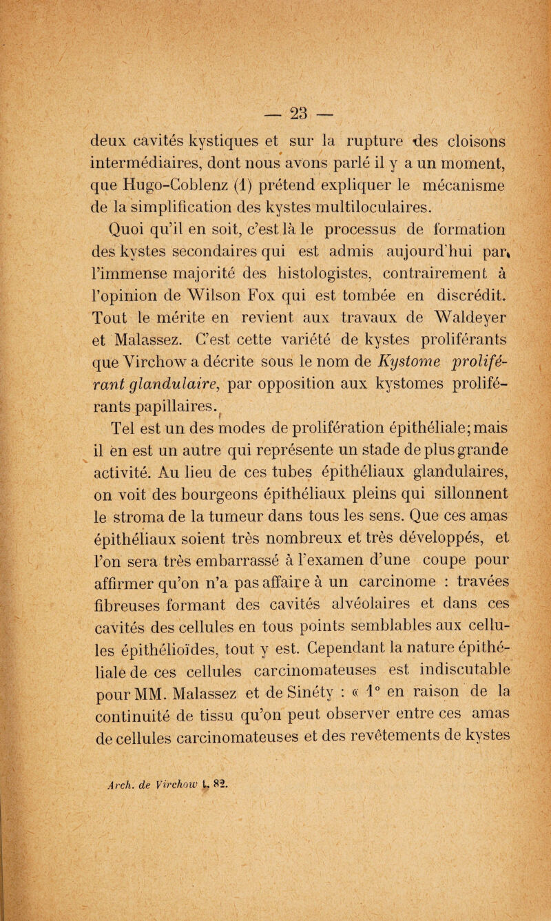deux cavités kystiques et sur la rupture des cloisons •■if intermédiaires, dont nous avons parlé il y a un moment, que Hugo-Coblenz (1) prétend expliquer le mécanisme de la simplification des kystes multiloculaires. Quoi qu’il en soit, c’est là le processus de formation des kystes secondaires qui est admis aujourd’hui pari l’immense majorité des histologistes, contrairement à l’opinion de Wilson Fox qui est tombée en discrédit. Tout le mérite en revient aux travaux de Waldeyer et Malassez. C’est cette variété de kystes proliférants que Virchow a décrite sous le nom de Kystome prolifé¬ rant glandulaire^ par opposition aux kystomes prolifé¬ rants papillaires.^ Tel est un des modes de prolifération épithéliale; mais il en est un autre qui représente un stade de plus grande activité. Au lieu de ces tubes épithéliaux glandulaires, on voit des bourgeons épithéliaux pleins qui sillonnent le stroma de la tumeur dans tous les sens. Que ces amas épithéliaux soient très nombreux et très développés, et Ton sera très embarrassé à l’examen d’une coupe pour affirmer qu’on n’a pas affaire à un carcinome : travées fibreuses formant des cavités alvéolaires et dans ces cavités des cellules en tous points semblables aux cellu¬ les épithélioïdes, tout y est. Cependant la nature épithé¬ liale de ces cellules carcinomateuses est indiscutable pour MM. Malassez et de Sinéty : « 1 en raison de la continuité de tissu qu’on peut observer entre ces amas de cellules carcinomateuses et des revêtements de kystes Arch. de Virchow t, 82.