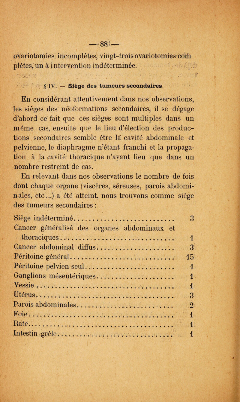 ovariotomies incomplètes, vingt-trois ovariotomies coifi plètes, un à intervention indéterminée.  ' ^ A ^ M  K § lY. — Siège des tumeurs secondaires. En considérant attentivement dans nos observations, les sièges des néoformations secondaires, il se dégage d’abord ce fait que cés sièges sont multiples dans un même cas, ensuite que le lieu d’élection des produc¬ tions secondaires semble être la cavité abdominale et pelvienne, le diaphragme n’étant franchi et la propaga¬ tion à la cavité thoracique n’ayant lieu que dans un nombre restreint de cas. En relevant dans nos observations le nombre de fois dont chaque organe (viscères, séreuses, parois abdomi¬ nales, etc...) a été atteint, nous trouvons comme siège des tumeurs secondaires : Siège indéterminé. Cancer généralisé des organes abdominaux et thoraciques..;.... Cancer abdominal diffus..... Péritoine général......... Péritoine pelvien seul...... Ganglions mésentériques....... Vessie ................ Utérus...... Parois abdominales... Foie............................_....... Rate.... 3 1 3 15 1 1 1 3- 2' 1 1
