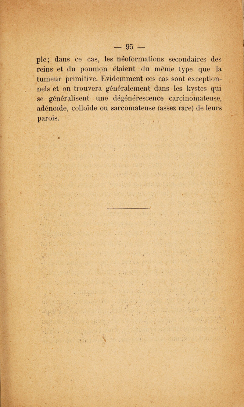 pie; dans ce cas, les néoformations secondaires des reins et du poumon étaient du même type que la tumeur primitive. Evidemment ces cas sont exception¬ nels et on trouvera généralement dans les kystes qui se généralisent une dégénérescence carcinomateuse, adénoïde, colloïde ou sarcomateuse (assez rare) de leurs parois. ^ ^ ,