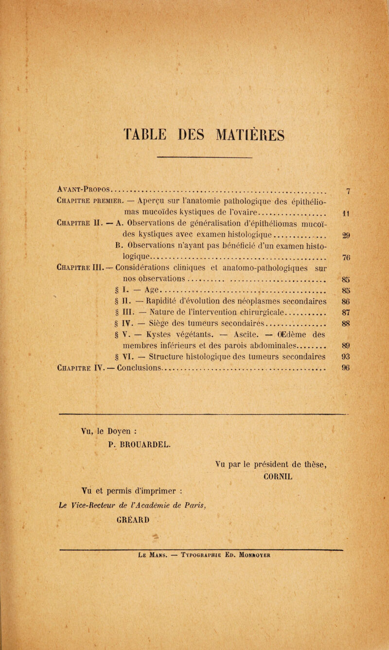 TABLE DES MAKÈRES i ■ -- Avant-Propos.. 7 Chapitre premier. — Aperçu sur Tanatomie pathologique des épithélio- mas mucoïdes kystiques de l’ovaire. Il Chapitre II. — A. Observations de généralisation d’épithéliomas mucoï¬ des kystiques avec examen histologique.... 29 B. Observations n’ayant pas bénéficié d’un examen histo¬ logique. 76 Chapitre III. — Considérations cliniques et anatomo-pathologiques sur nos observations. 85 § L — Age.».. 85 § II. — Rapidité d’évolution des néoplasmes secondaires 86 § III. — Nature de l’intervention chirurgicale. 87 § IV. — Siège des tumeurs secondaires.. 88 § V. — Kystes végétants. — Ascite. — (Edème des membres inférieurs et des parois abdominales. 89 § VI. — Structure histologique des tumeurs secondaires 93 Chapitre IV. — Conclusions. 96 \ Vu, le Doyen : P. BROUARDEL. Vu par le président de thèse, CORNIL Vu et permis d’imprimer ; Le Vice-Recteur de VAcadémie de Paris, GRÉARD Le Mans. — Typographie Ed. Monnoyer h (