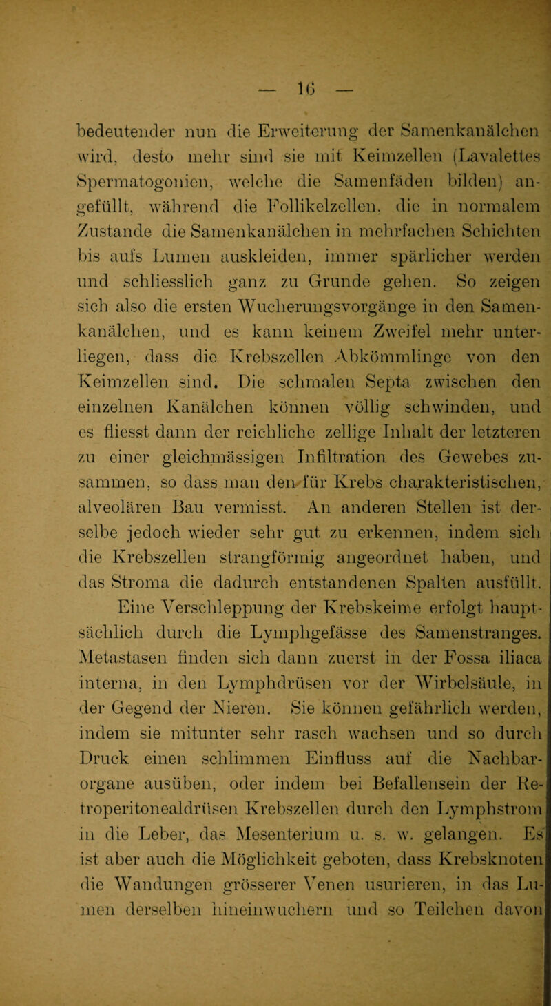 bedeutender nun die Erweiterung der Samenkanälchen wird, desto mehr sind sie mit Keimzellen (Lavalettes Spermatogonien, welche die Samenfäden bilden) an¬ gefüllt, während die Follikelzellen, die in normalem Zustande die Samenkanälchen in mehrfachen Schichten bis aufs Lumen auskleiden, immer spärlicher werden und schliesslich ganz zu Grunde gehen. So zeigen sich also die ersten Wucherungsvorgänge in den Samen¬ kanälchen, und es kann keinem Zweifel mehr unter¬ liegen, dass die Krebszellen Abkömmlinge von den Keimzellen sind. Die schmalen Septa zwischen den einzelnen Kanälchen können völlig schwinden, und es fliesst dann der reichliche zellige Inhalt der letzteren zu einer gleichmässigen Infiltration des Gewebes zu¬ sammen, so dass man den für Krebs charakteristischen, alveolären Bau vermisst. An anderen Stellen ist der¬ selbe jedoch wieder sehr gut zu erkennen, indem sich die Krebszellen strangförmig angeordnet haben, und das Stroma die dadurch entstandenen Spalten ausfüllt. Eine Verschleppung der Krebskeime erfolgt haupt¬ sächlich durch die Lymphgefässe des Samenstranges. Metastasen finden sich dann zuerst in der Fossa iliaca interna, in den Lvmphdrüsen vor der Wirbelsäule, in der Gegend der Nieren. Sie können gefährlich werden, indem sie mitunter sehr rasch wachsen und so durch Druck einen schlimmen Einfluss auf die Nachbar¬ organe ausüben, oder indem bei Befallensein der Re- troperitonealdrüsen Krebszellen durch den Lymphstrom in die Leber, das Mesenterium u. s. w. gelangen. Es ist aber auch die Möglichkeit geboten, dass Krebsknoten die Wandungen grösserer Venen usurieren, in das Lu¬ men derselben hineinwuchern und so Teilchen davon
