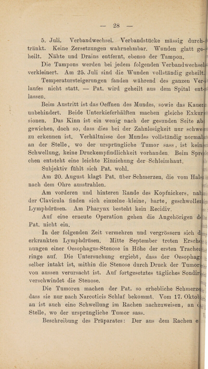 5. Juli. Verbandwechsel. Verbandstücke massig durch-? tränkt. Keine Zersetzungen wahrnehmbar. Wunden glatt ge¬ heilt. Nähte und Drains entfernt, ebenso der Tampon. Die Tampons werden bei jedem folgenden Verbandwechsel verkleinert. Am 25. Juli sind die Wunden vollständig geheilt, Temperatursteigerungen fanden während des ganzen Ver Pat. wird geheilt aus dem Spital ent-fot Jk ircli laufes nicht statt. - lassen. Beim Austritt ist das Oeffnen des Mundes, sowie das Kauer unbehindert. Beide Unterkieferhälften machen gleiche Exkur e sionen. Das Kinn ist ein wenig nach der gesunden Seite abj gewichen, doch so, dass dies bei der Zahnlosigkeit nur schwe zu erkennen ist. Verhältnisse des Mundes vollständig normal ul- an der Stelle, wo der ursprüngliche Tumor sass, ist kein Schwellung, keine Druckempfindlichkeit vorhanden. Beim Spre chen entsteht eine leichte Einziehung der Schleimhaut. Subjektiv fühlt sich Pat. wohl. Am 20. August klagt Pat. über Schmerzen, die vom Hals| äi nach dem Ohre ausstrahlen. Am vorderen und hinteren Bande des Kopfnickers, nab der Clavicula finden sich einzelne kleine, harte, geschwolleijai' Lymphdrüsen. Am Pharynx besteht kein Becidiv. Auf eine erneute Operation gehen die Angehörigen dt Pat. nicht ein. In der folgenden Zeit vermehren und vergrössern sich d erkrankten Lymphdrüsen. Mitte September treten Erseht • nungen einer Oesophagus-Stenose in Höhe der ersten Trachea, ringe auf. Die Untersuchung ergiebt, dass der Oesophag selber intakt ist, mithin die Stenose durch Druck der Tumor von aussen verursacht ist. Auf fortgesetztes tägliches Sondir verschwindet die Stenose. Die Tumoren machen der Pat. so erhebliche Schmerzt dass sie nur nach Narcoticis Schlaf bekommt. Vom 17. Oktoi an ist auch eine Schwellung im Bachen nachzuweisen, an c Stelle, wo der ursprüngliche Tumor sass. Beschreibung des Präparates: Der aus dem Bachen e in® i ff ese S % ieil,