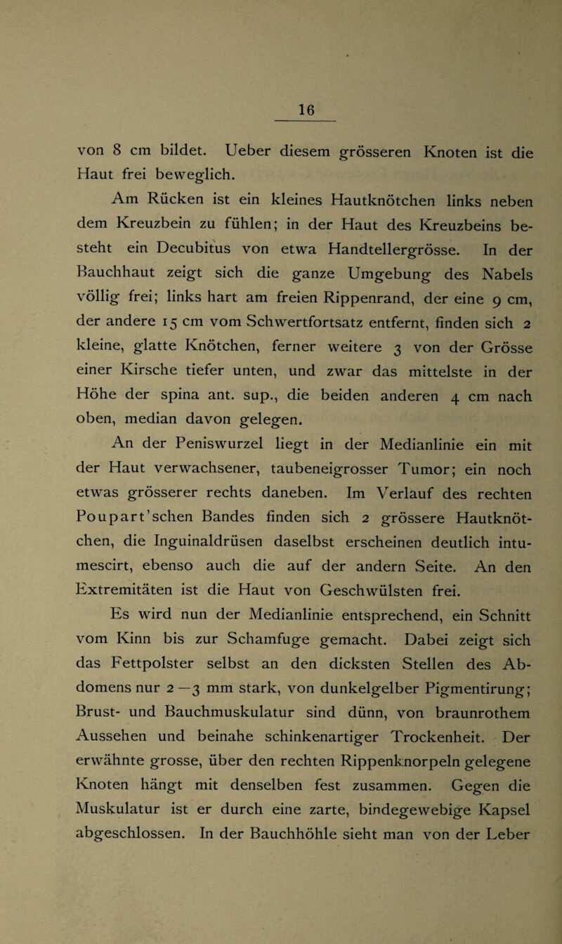 von 8 cm bildet. Ueber diesem grösseren Knoten ist die Haut frei beweglich. Am Rücken ist ein kleines Hautknötchen links neben dem Kreuzbein zu fühlen; in der Haut des Kreuzbeins be¬ steht ein Decubitus von etwa Handtellergrösse. In der Bauchhaut zeigt sich die ganze Umgebung des Nabels völlig frei; links hart am freien Rippenrand, der eine 9 cm, der andere 15 cm vom Schwertfortsatz entfernt, finden sich 2 kleine, glatte Knötchen, ferner weitere 3 von der Grösse einer Kirsche tiefer unten, und zwar das mittelste in der Höhe der spina ant. sup., die beiden anderen 4 cm nach oben, median davon gelegen. An der Peniswurzel liegt in der Medianlinie ein mit der Haut verwachsener, taubeneigrosser Tumor; ein noch etwas grösserer rechts daneben. Im Verlauf des rechten Poupart’sehen Bandes finden sich 2 grössere Hautknöt¬ chen, die Inguinaldrüsen daselbst erscheinen deutlich intu- mescirt, ebenso auch die auf der andern Seite. An den Extremitäten ist die Haut von Geschwülsten frei. Es wird nun der Medianlinie entsprechend, ein Schnitt vom Kinn bis zur Schamfuge gemacht. Dabei zeigt sich das Fettpolster selbst an den dicksten Stellen des Ab¬ domens nur 2—3 mm stark, von dunkelgelber Pigmentirung; Brust- und Bauchmuskulatur sind dünn, von braunrothem Aussehen und beinahe schinkenartiger Trockenheit. Der erwähnte grosse, über den rechten Rippenknorpeln gelegene Knoten hängt mit denselben fest zusammen. Gegen die Muskulatur ist er durch eine zarte, bindegewebige Kapsel abgeschlossen. In der Bauchhöhle sieht man von der Leber