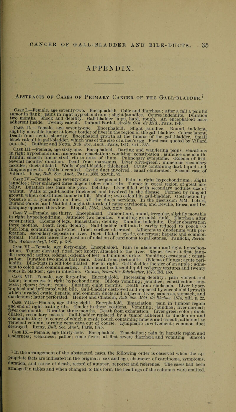 APPENDIX. Abstracts of Cases of Primary Cancer of the Gall-bladder.1 Case I.—Female, age seventy-two. Encephaloid. Colic and diarrhoea ; after a fall a painful tumor in Hank : pains in right hypochondrium ; slight jaundice. Course indefinite. Duration two months. Shock and debility. Gall-bladder large, hard, rough. An encephaloid mass adherent inside. Twenty calculi. Durand-Fardel, Archiv Gen. de Med., Paris, 1840. Case II. —Female, age seventy-one. Encephaloid. Slight jaundice. Round, indolent, slightly movable tumor at lower border of liver in the region of the gall-bladder. Course latent Death from acute pleurisy. Encephaloid growth at the fundus of the gall-bladder. Smali black calculi in gall-bladder, which was of the size of a hen’s egg. First case quoted by Villard (op. cit.). Duthier and Notta, Bull. Soc. Anat., Paris, 1847, xxii. 335. . Case III—Female, age sixty-one. Encephaloid. Darting and wandering pains ; sensations in right hypochondrium ; anorexia ; emaciation ; vomiting; constipation ; jaundice one month Painful smooth tumor sixth rib to crest of ilium. Pulmonary symptoms. (Edema of feet. Several months’ duration. Death from marasmus. Liver olive-green; numerous secondary nodules ; ducts dilated. Walls of gall-bladder thickened. Cavity containing dark liquid and fungous growth. Walls ulcerated. Cystic duct involved ; canal obliterated. Second case of Villard. Iceuy, Bull. Soc. Anat., Paris, 1853, xxviii. 73. Case IV.—Female, age seventy-four. Encephaloid. Pain in right hypochondrium; slight jaundice ; liver enlarged three fingers below short ribs. Tumor in csecal region of great mo¬ bility. Duration less than one year. Debility. Liver filled with secondary nodules size of walnut. Walls of gall-bladder thickened and involved in the disease. Formed by fungoid growth which constituted tumor in life. Mobile ; two calculi in gall-bladder. Obstruction by pressure of a lymphatic on duct. All the ducts pervious. In the discussion MM. Lebert Durand-Fardel, and Maillot thought that calculi cause carcinoma, and Deville, Broca, and De- marquay opposed this view. Rippoll, Ibid., 1849, xxiv. 359. Case V—Female, age thirty. Encephaloid. Tumor hard, round, irregular, slightly movable in right hypochondrium. Jaundice two months. Vomiting greenish fluid. Diarrhoea after constipation. (Edema of legs. Emaciation ; debility. Duration indefinite. Under observation three months. Death from debility. Gall-bladder infiltrated; cavity reduced to pouch 0 5 inch long, containing gall-stone. Inner surface ulcerated. Adherent to duodenum with per¬ foration. Secondary deposits in liver. Ducts dilated ; cystic, cancerous ; hepatic and common normal. Paulicki raises the question of relation of carcinoma to gall-stones. Paulicki, Berlin Min. Wochenschrift, 1867, p. 348. Case VI—Female, age forty-eight. Encephaloid. Pain in abdomen and right hypochon¬ drium. Tumor elevated, fixed, not knotty, attached to the liver. Rigors, fever at first, jaun¬ dice second ; ascites, oedema; oedema of feet; albuminous urine. Vomiting occasional; consti¬ pation. Duration two and a half years. Death from peritonitis. (Edema of lungs ; acute peri¬ tonitis. Bile-ducts in left lobe dilated ; few in right. Gall-bladder the size of an apple ; adhe¬ rent to colon and communicating. Fibrous and soft semi-liquid red-gray textures and twenty stones in bladder ; qne in intestine. Coraza, Schmidt’s Jahrbiicher, 1873, Bd. 160. Case VII.—Female, age forty-nine. Encephaloid. Increasing debility; pain violent and acute ; tenderness in right hypochondrium. Bilious vomiting; jaundice ; constipation ; ano¬ rexia ; rigors; fever; coma. Duration eight months. Death from cholsemia. Liver hyper¬ trophied and infiltrated with bile. Gall-bladder destroyed and replaced by encephaloid growth which invaded cystic, hepatic, and common ducts and adjacent liver, pancreas, stomach, and duodenum; latter perforated. Henrot and Chatelin, Bull. Soc. Med. de Rheims, 1874, xiii. p. 22. Case VIII.—Female, age thirty-eight. Encephaloid. Emaciation; pain in lumbar region and end of right floating ribs. Tender in these locations. Vomiting; jaundice ; liver normal; lever one month. Duration three months. Death from exhaustion. Liver green color ; ducts dilated, secondary masses. Gall-bladder replaced by a tumor adherent to duodenum and communicating ; in centre of which a cystic pouch containing mucus and calculi, adherent to vertebral column, turning vena cava out of course. Lymphatic involvement; common duct destroyed. Remy, Bull. Soc. Anat., Paris, 1875. Case IX.—Female, age thirty-four. Encephaloid. Emaciation ; pain in hepatic region and tenderness; weakness; pallor; some fever; at first severe diarrhoea and vomiting. Smooth 1 In the arrangement of the abstracted cases, the following order is observed when the ap¬ propriate facts are indicated in the original: sex and age, character of carcinoma, symptoms, duration, and cause of death, record of autopsy, reporter and reference. The cases had been arranged in tables and when changed to this form the headings of the columns were omitted.